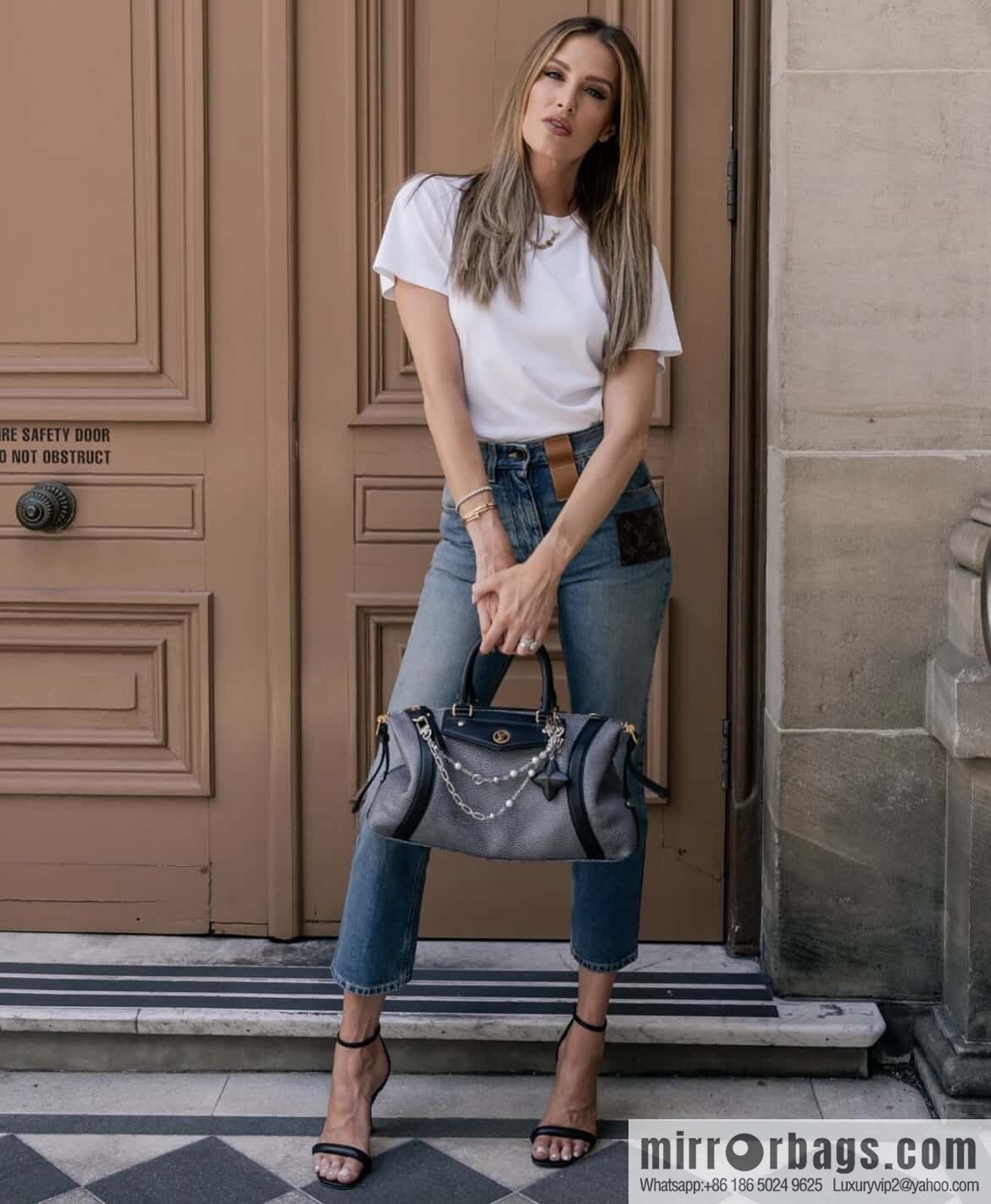 [Boutique‑grade] M14702 gray-blue, full leather locomotive bag LV Biker medium handbag, locomotive bag