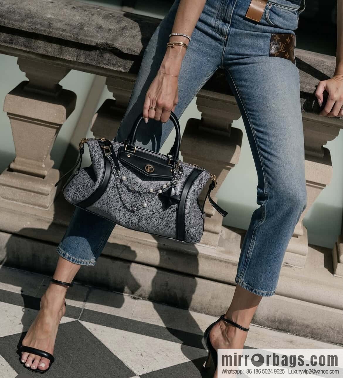 [Boutique‑grade] M14702 gray-blue, full leather locomotive bag LV Biker medium handbag, locomotive bag