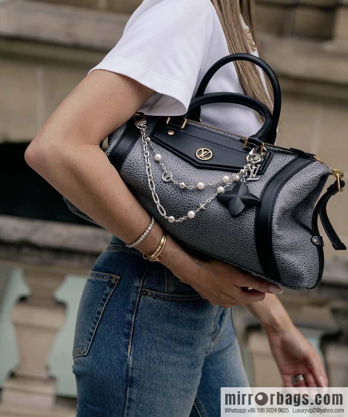 [Boutique‑grade] M14702 gray-blue, full leather locomotive bag LV Biker medium handbag, locomotive bag