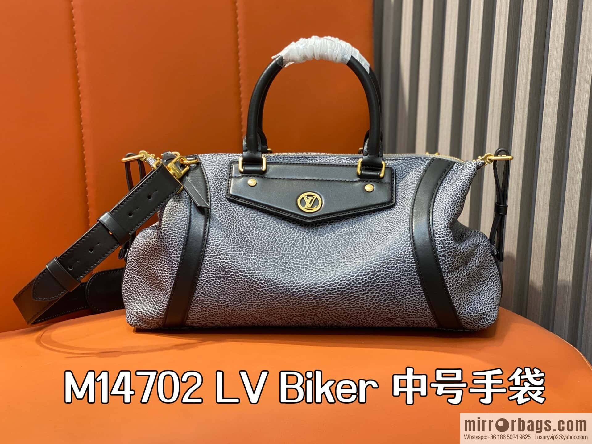 [Boutique‑grade] M14702 gray-blue, full leather locomotive bag LV Biker medium handbag, locomotive bag