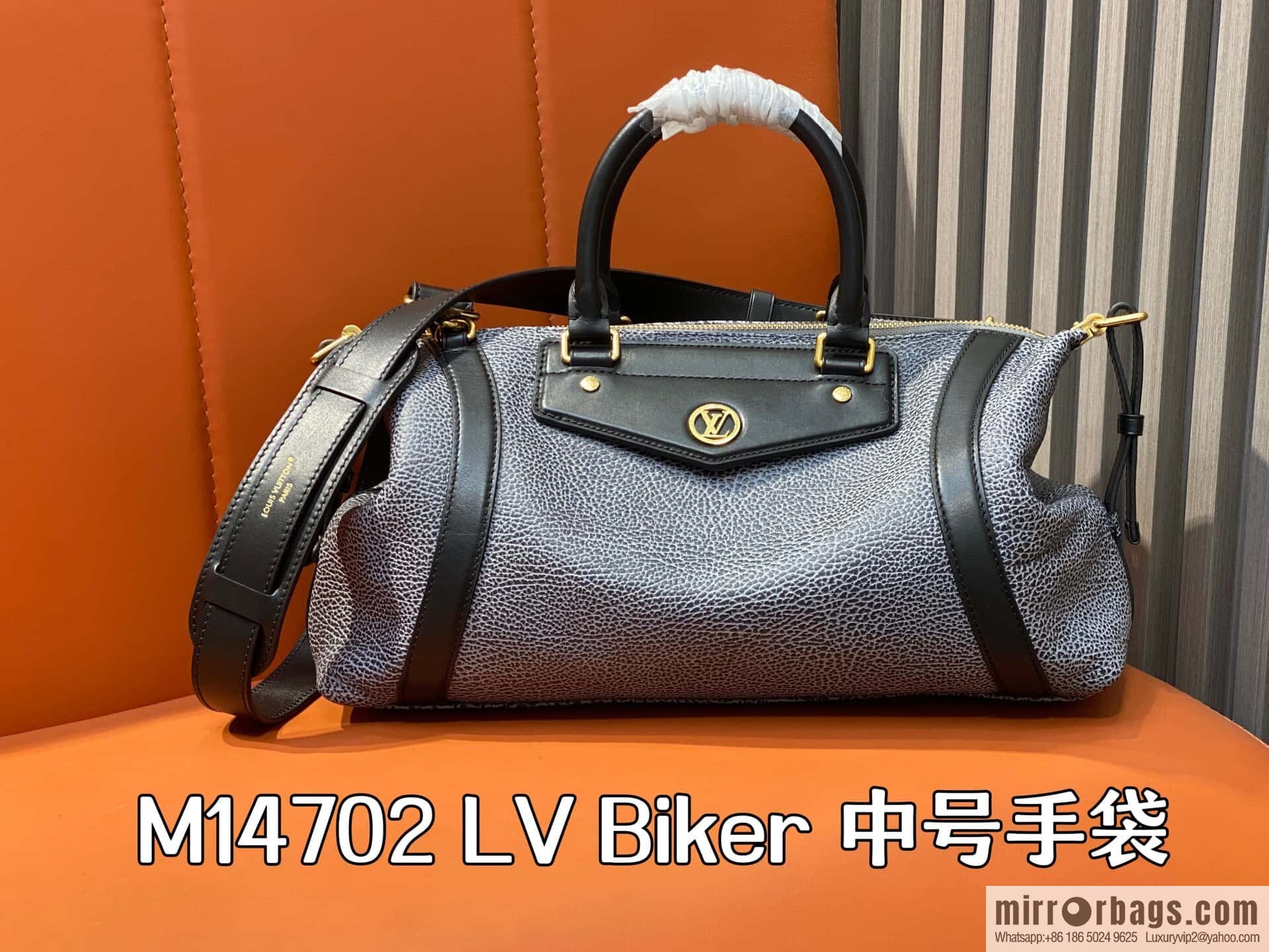 [Boutique‑grade] M14702 gray-blue, full leather locomotive bag LV Biker medium handbag, locomotive bag