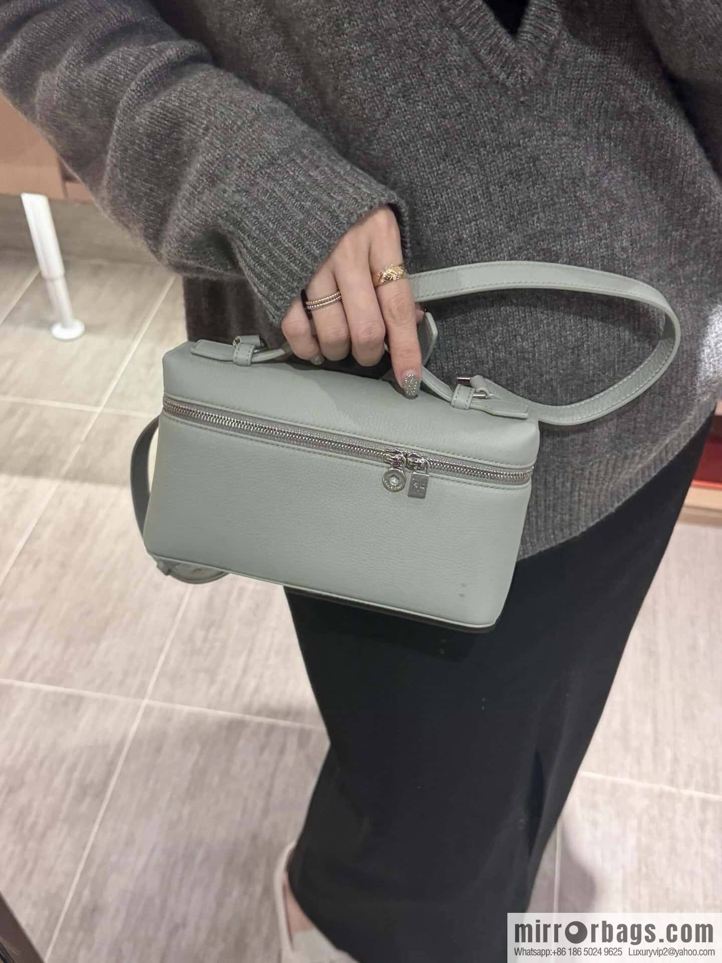Loro Piana 2nd Generation Extra Pocket L19 Clutch Bag FAN4046 Eucalyptus Silver Buckle
