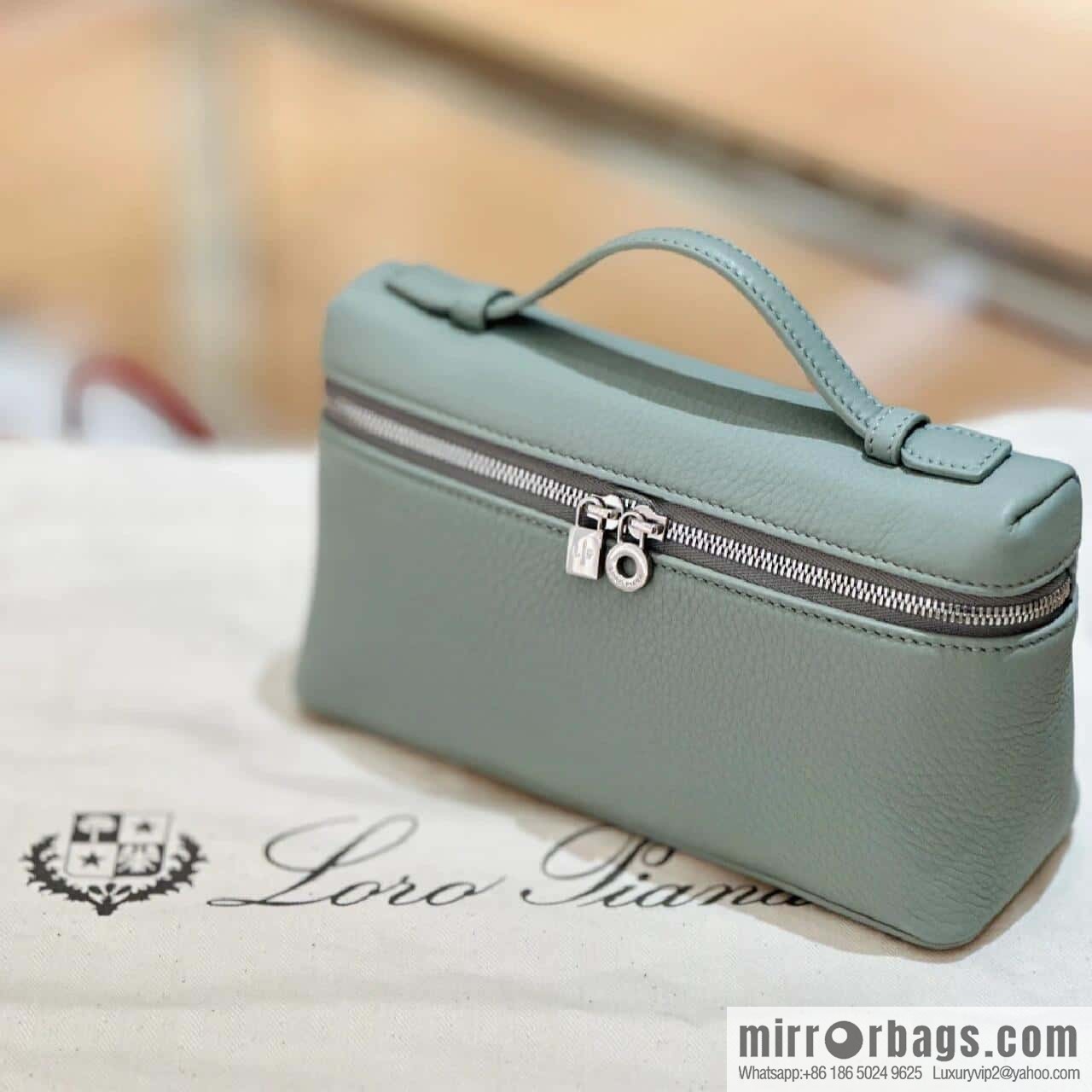 Loro Piana 2nd Generation Extra Pocket L19 Clutch Bag FAN4046 Eucalyptus Silver Buckle