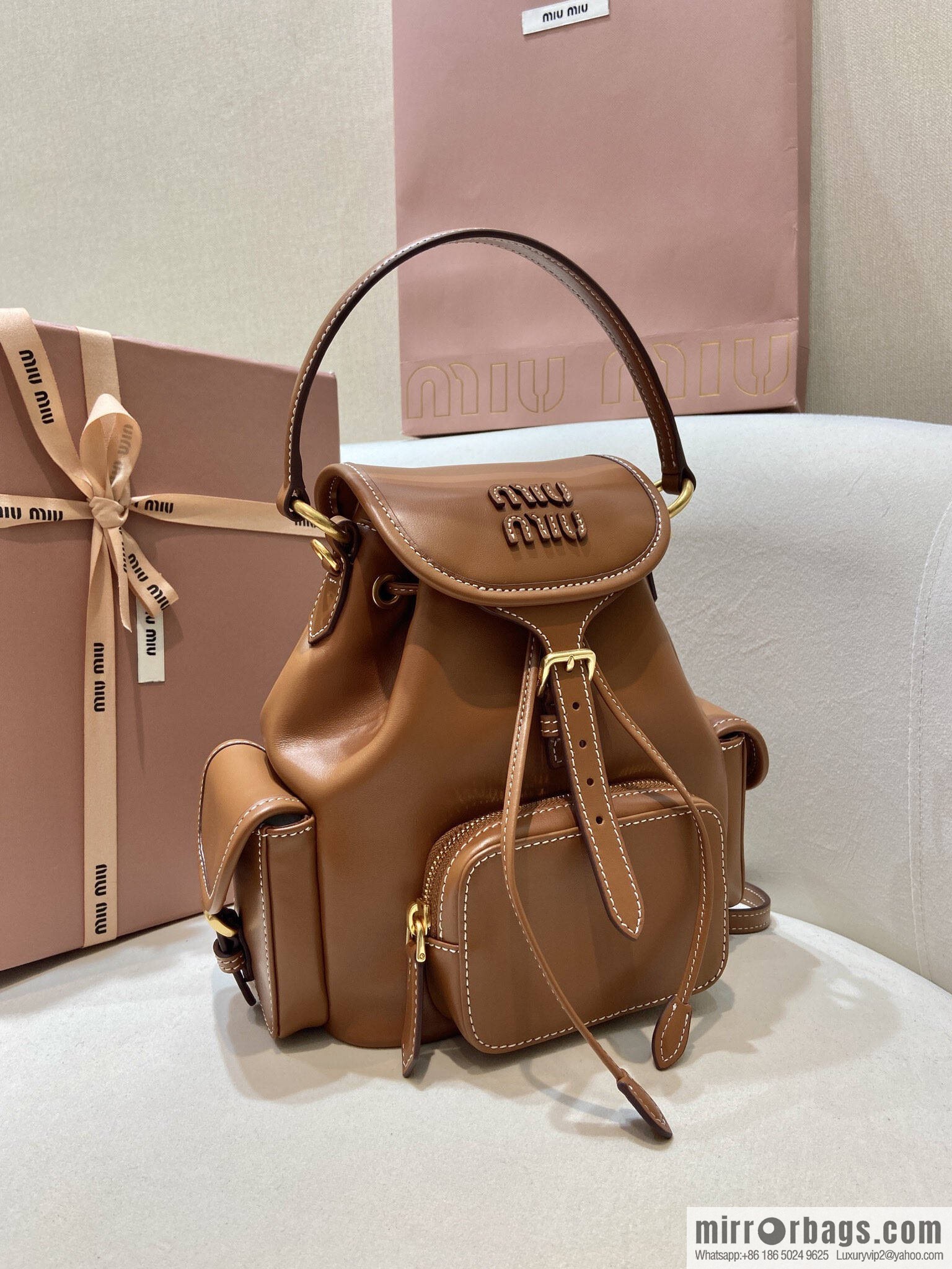 MIUMIU new backpack 5BZ043 small multi-function, caramel color