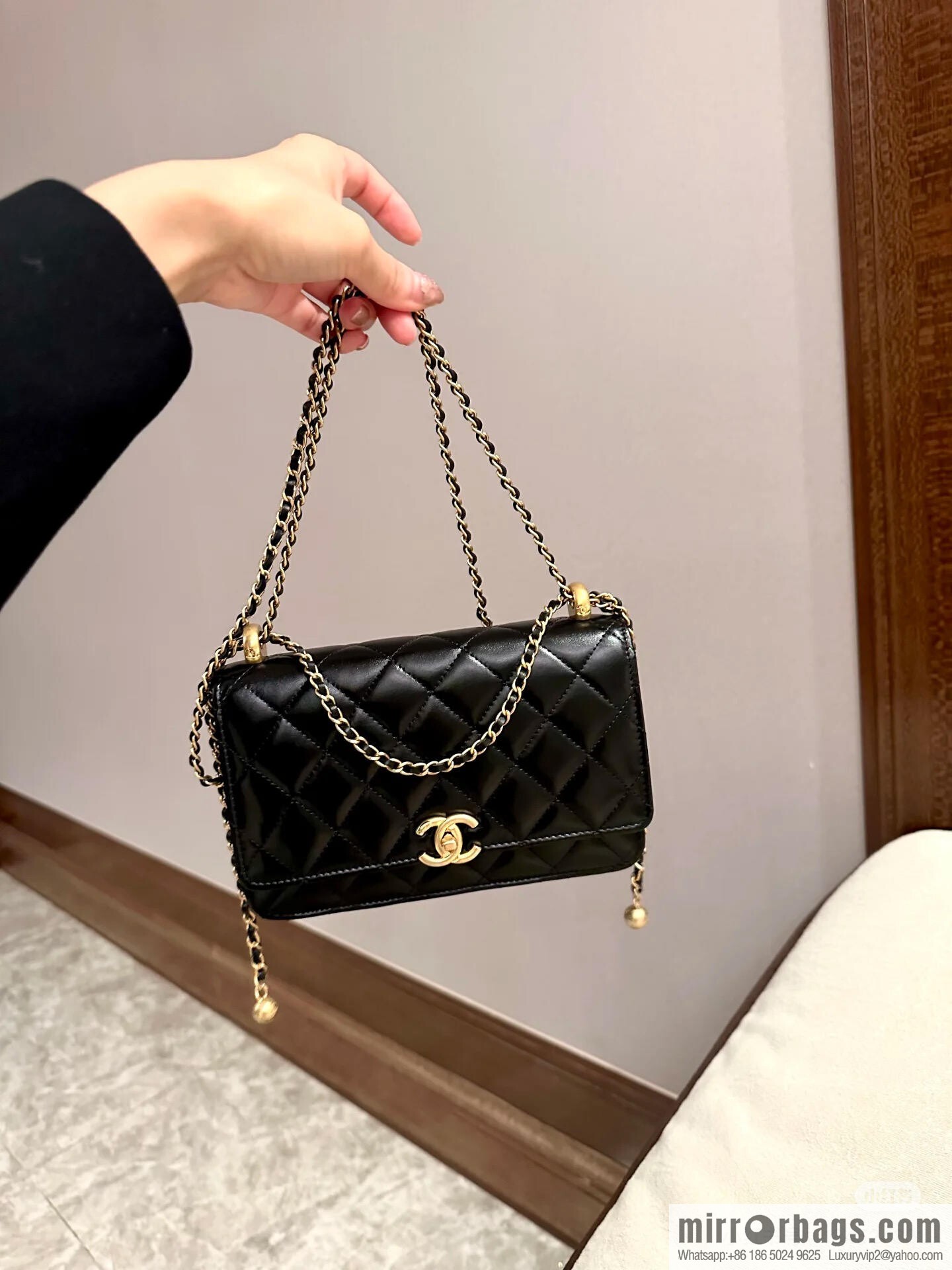 CHANEL new version small gold ball double bead chain AS2284 black