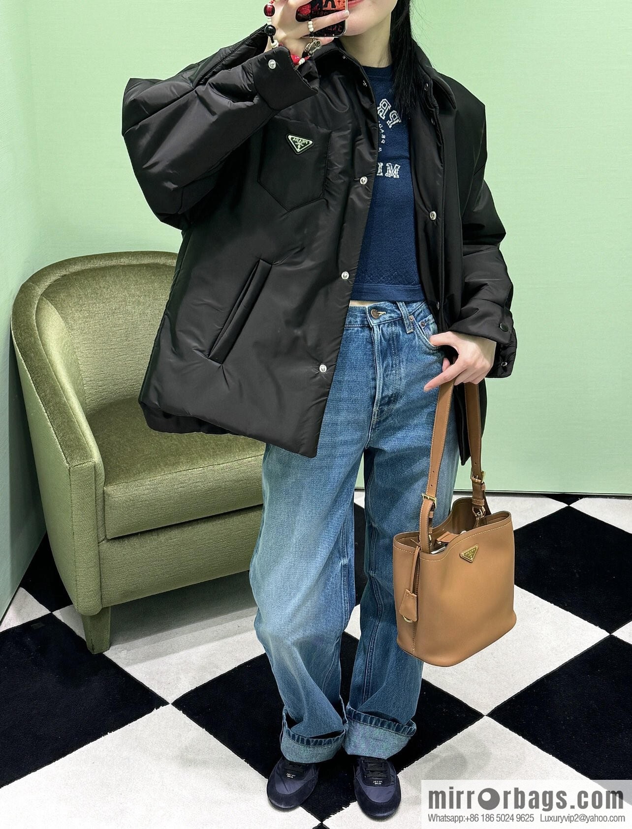 PRADA's new 1BE080 bucket bag, caramel color