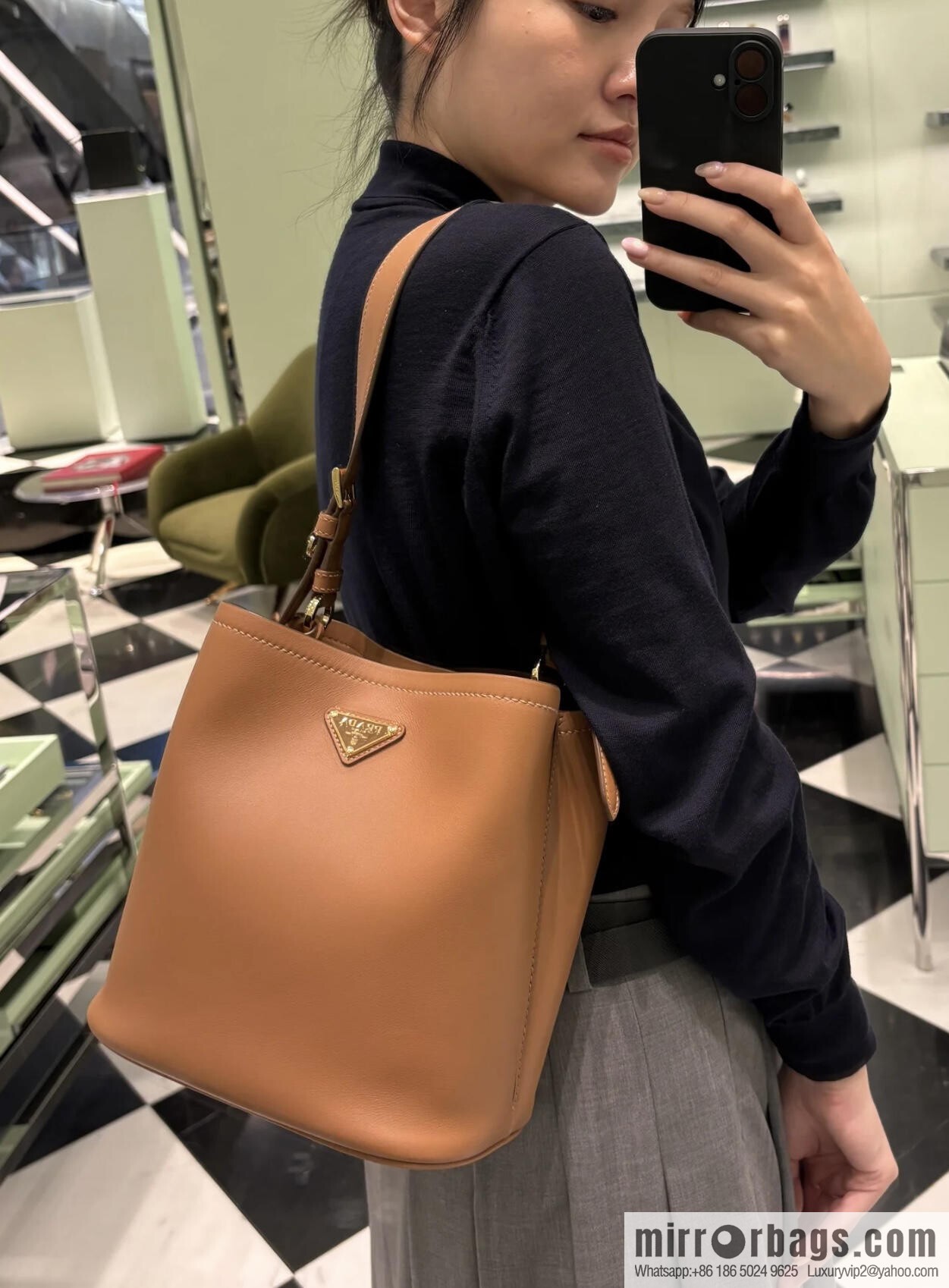 PRADA's new 1BE080 bucket bag, caramel color