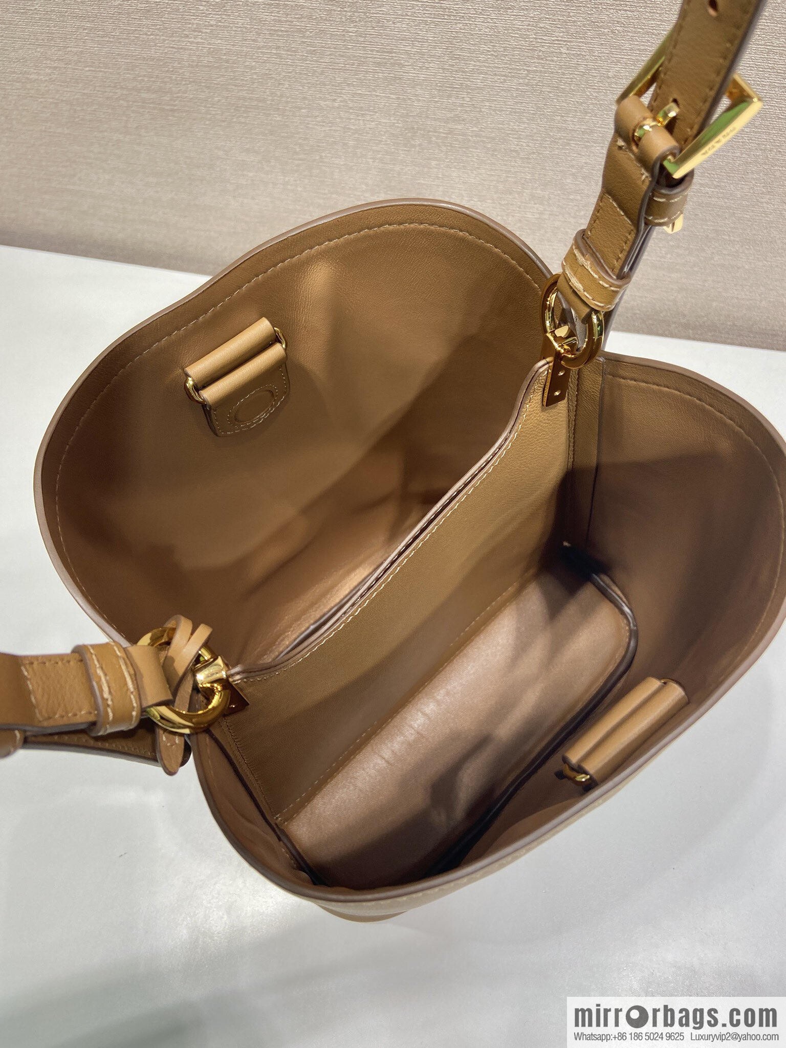 PRADA's new 1BE080 bucket bag, caramel color