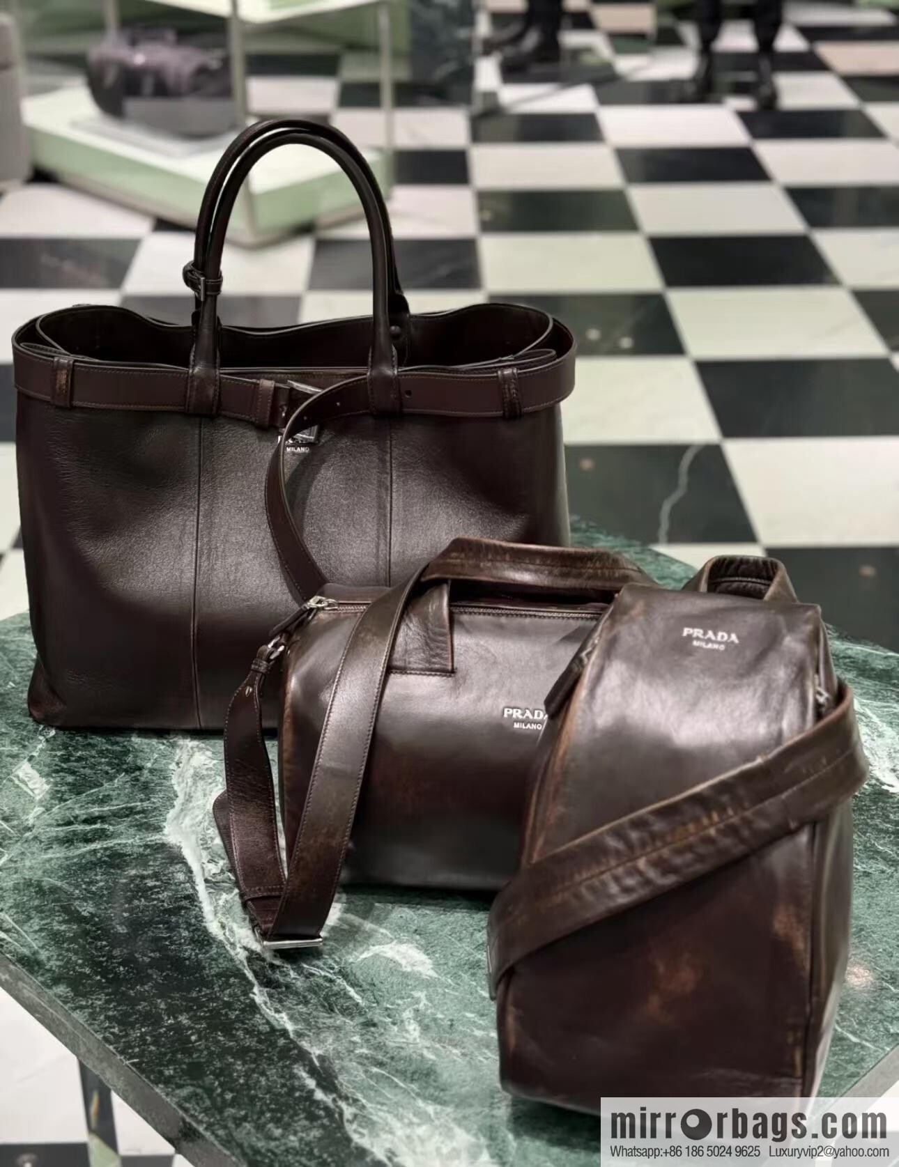 PRADA new men's bag 1BG126 extra large imitation old leather, coffee color