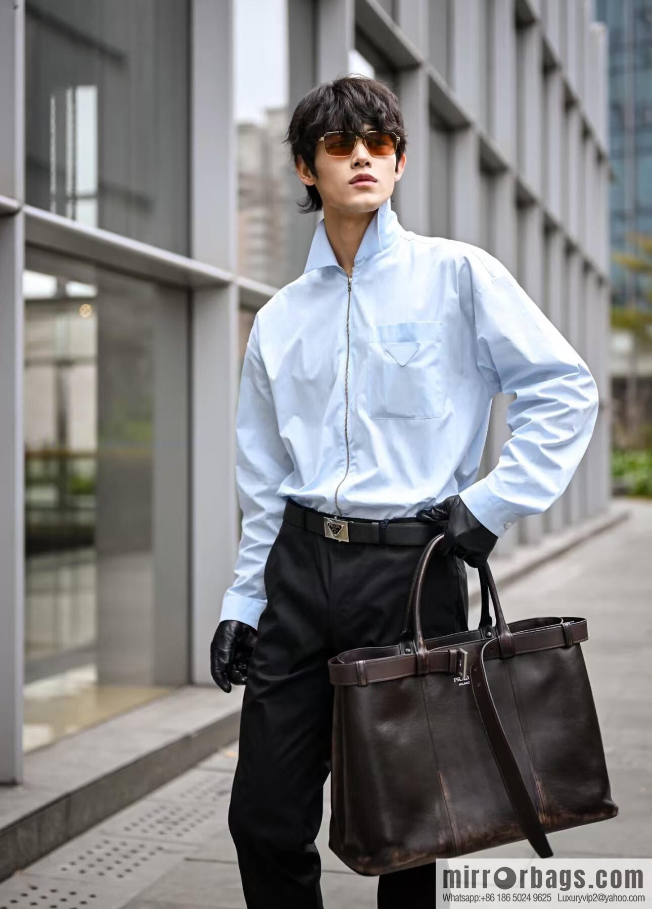 PRADA new men's bag 1BG126 extra large imitation old leather, coffee color