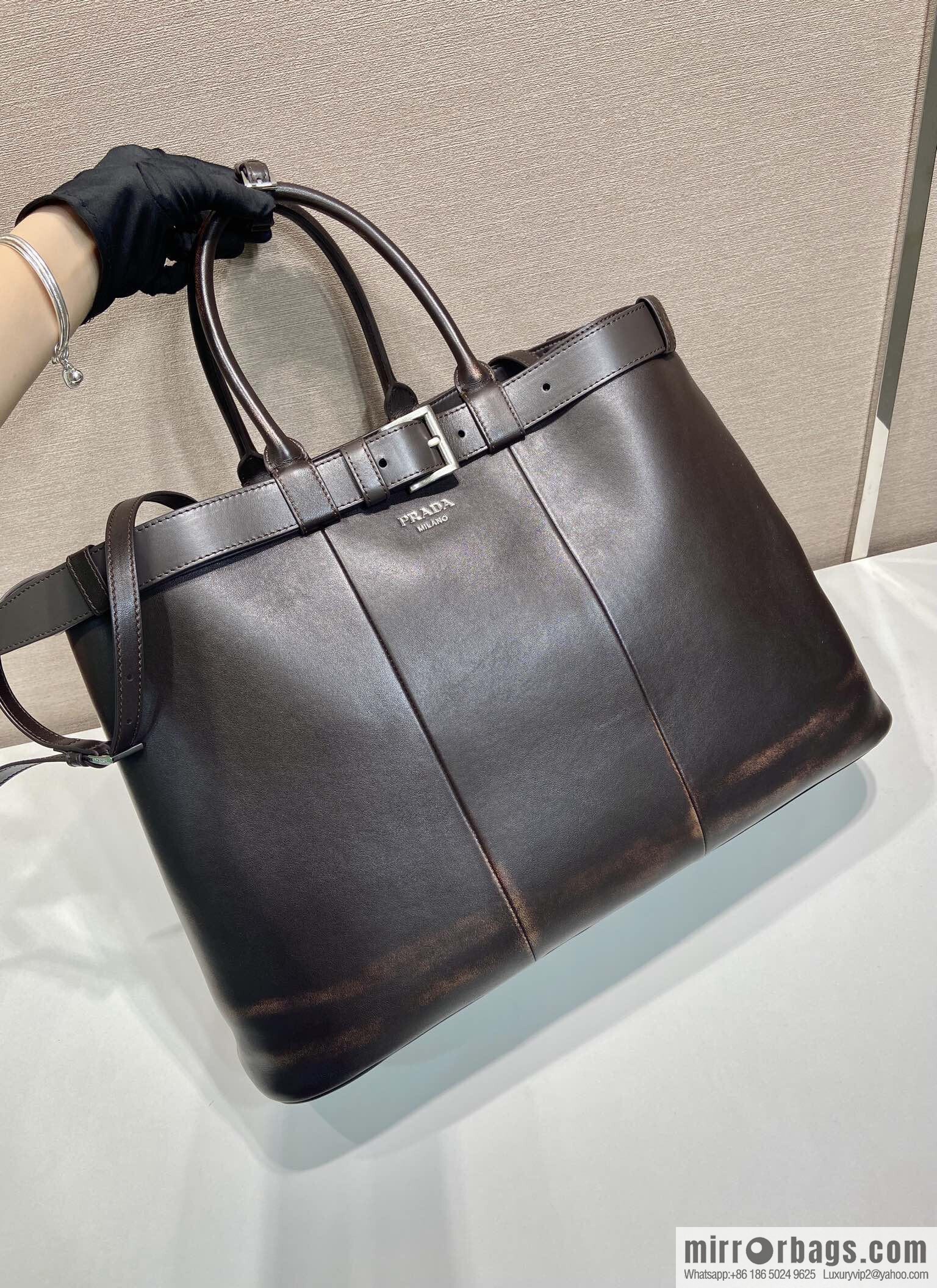 PRADA new men's bag 1BG126 extra large imitation old leather, coffee color