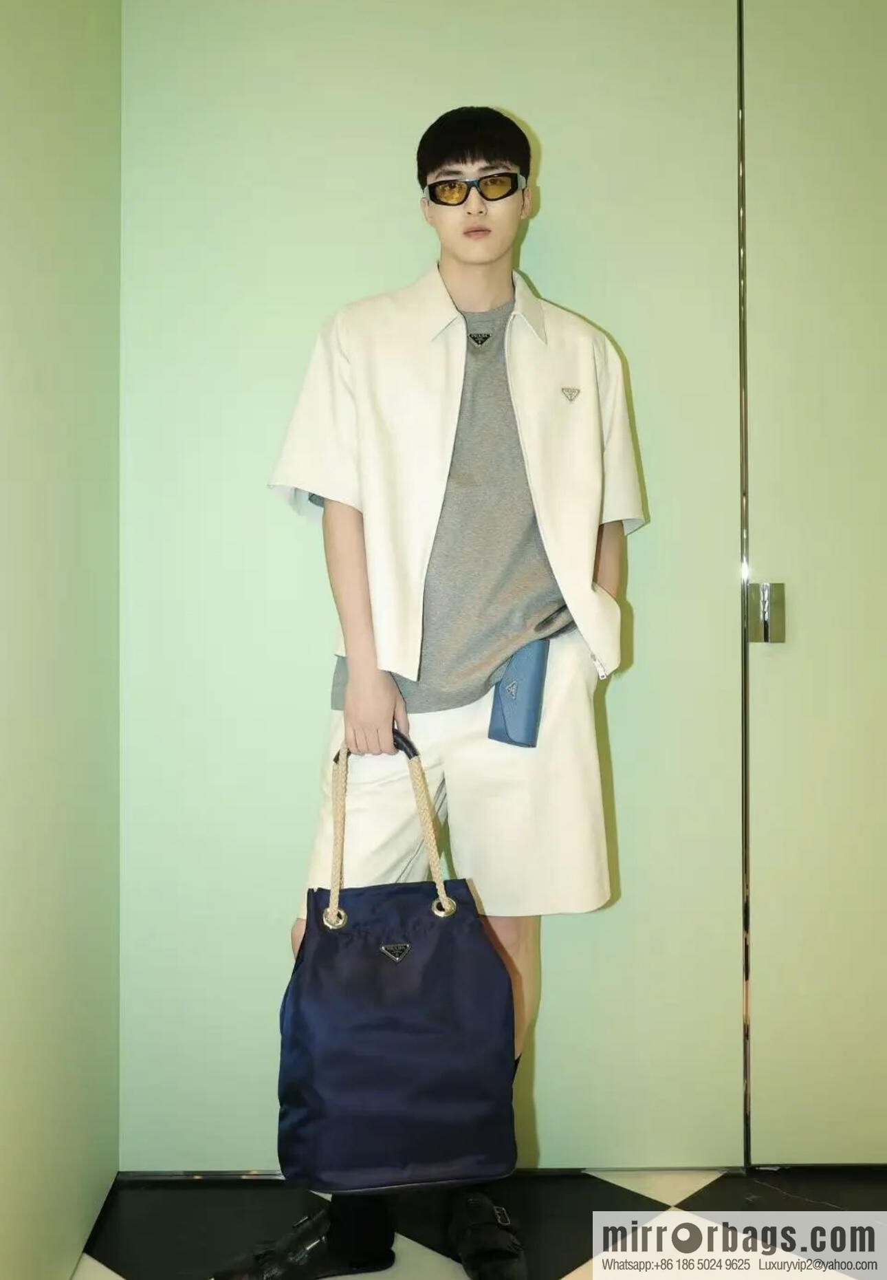 PRADA men's bucket bag 2VG133 catwalk model, blue