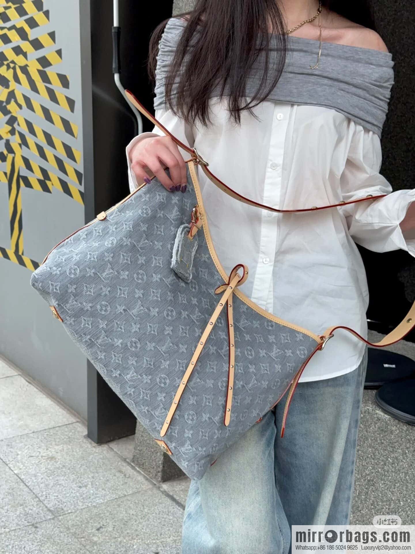 [Boutique‑grade] M13289 gray, denim shopping bag CARRYALL medium handbag
