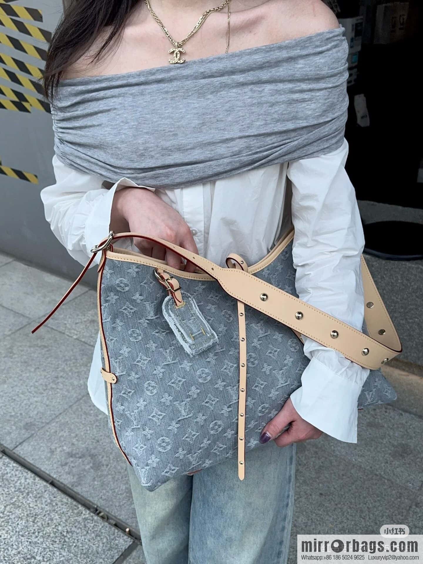 [Boutique‑grade] M13289 gray, denim shopping bag CARRYALL medium handbag