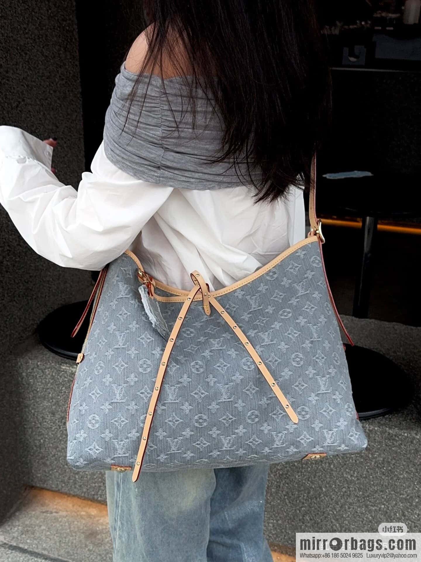 [Boutique‑grade] M13289 gray, denim shopping bag CARRYALL medium handbag