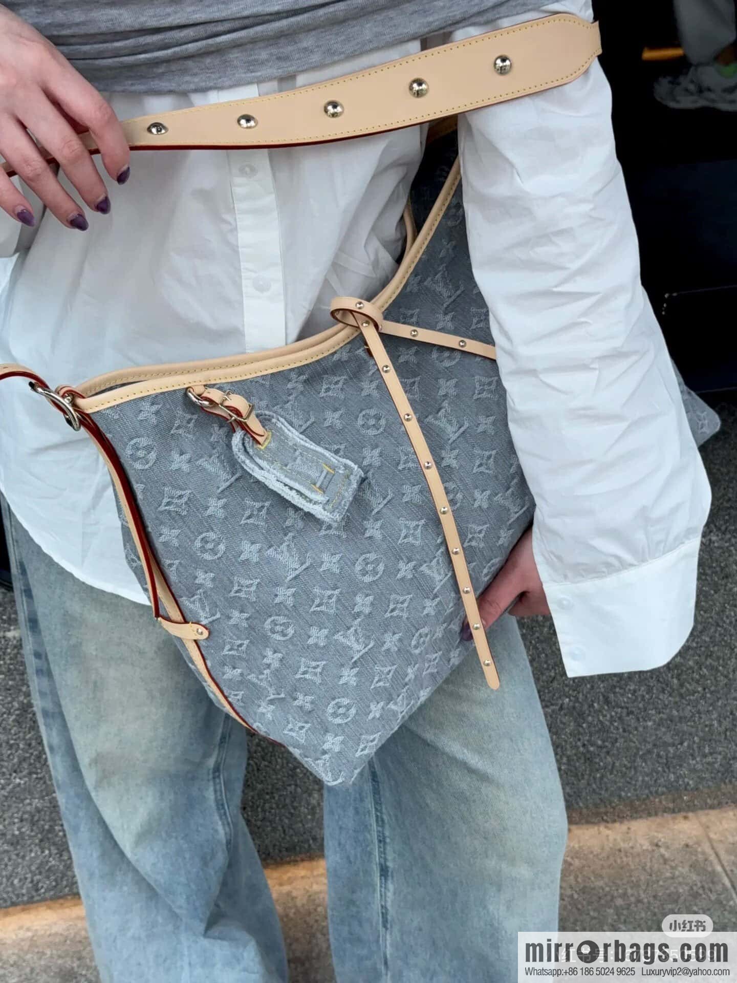 [Boutique‑grade] M13289 gray, denim shopping bag CARRYALL medium handbag