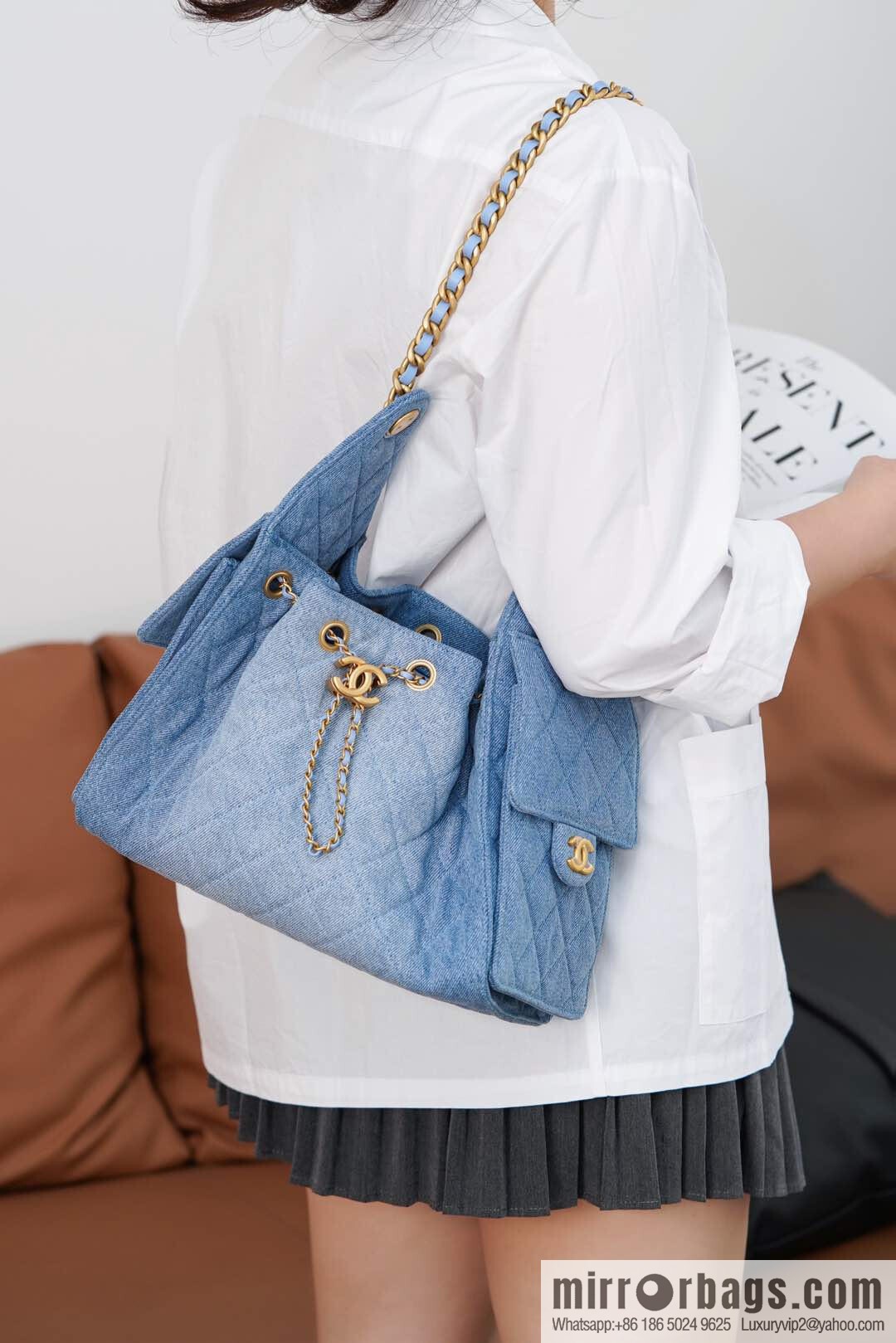 ππ‘ππ§ππ₯ πππ¬ π¬π¦ππ₯π₯ π‘π¨ππ¨ Drawstring Bucket Bag, Denim Blue π Small AS5293