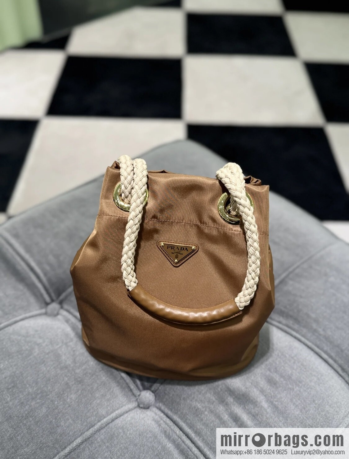 Prada new bucket bag 1BE082 catwalk model, brown.