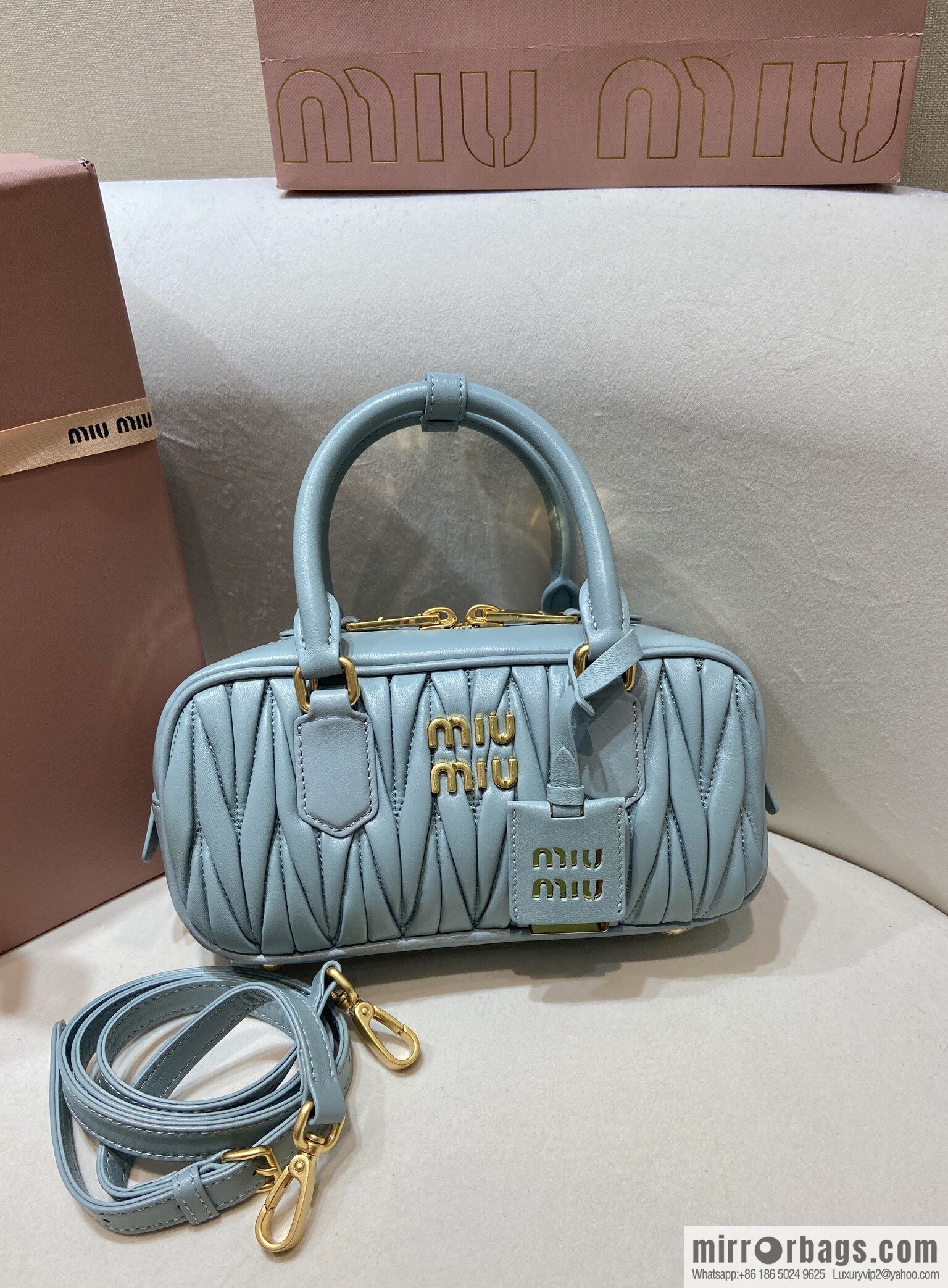 MIUMIU Sheepskin Textured Retro Rectangle Bag | Leather Bowling Bag 5BB142 Haze Blue