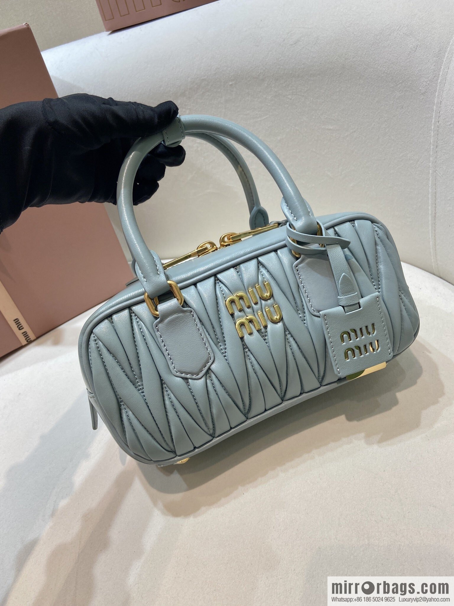 MIUMIU Sheepskin Textured Retro Rectangle Bag | Leather Bowling Bag 5BB142 Haze Blue