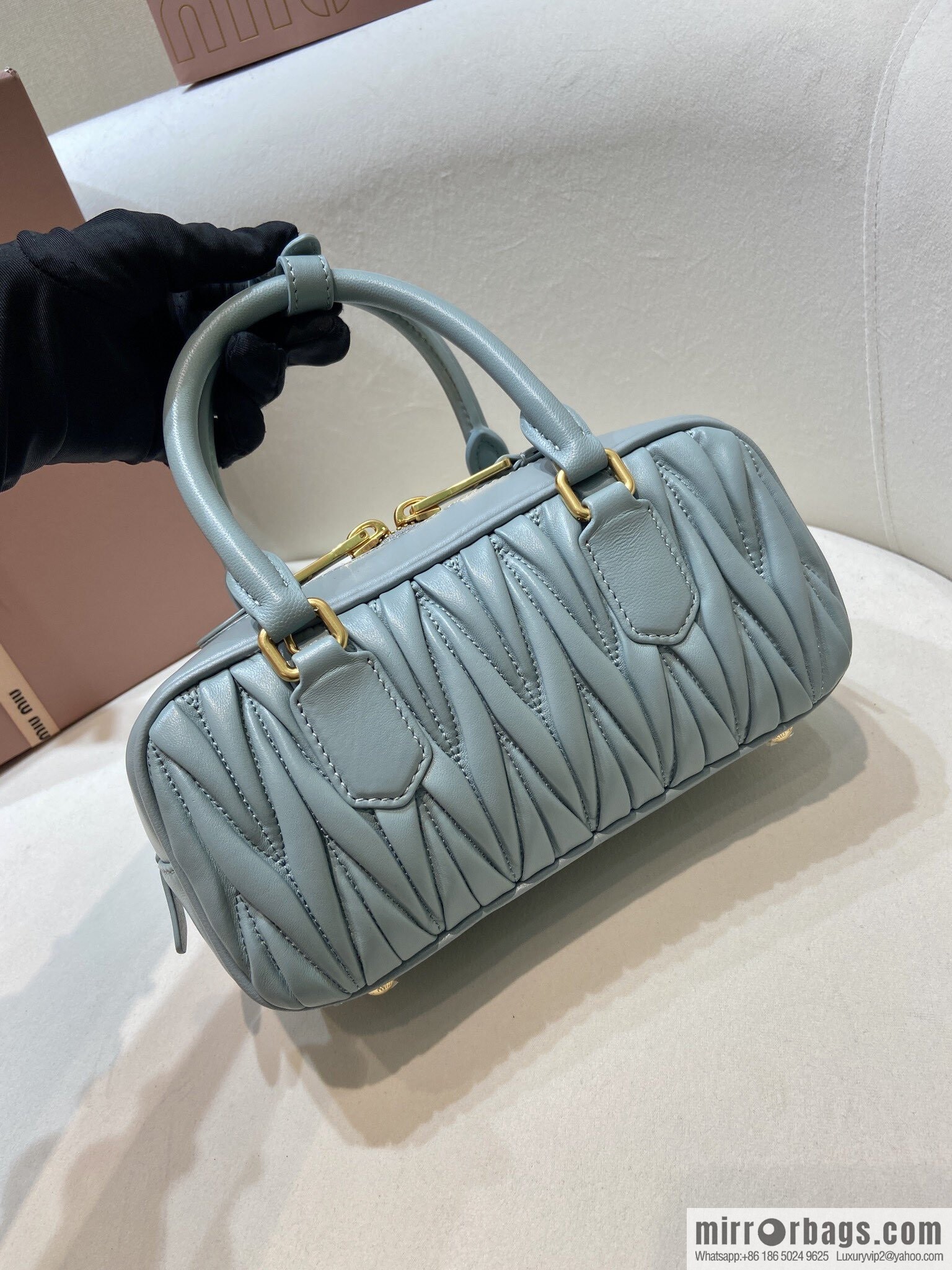 MIUMIU Sheepskin Textured Retro Rectangle Bag | Leather Bowling Bag 5BB142 Haze Blue