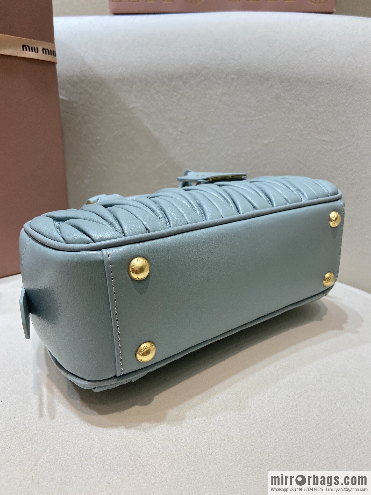 MIUMIU Sheepskin Textured Retro Rectangle Bag | Leather Bowling Bag 5BB142 Haze Blue