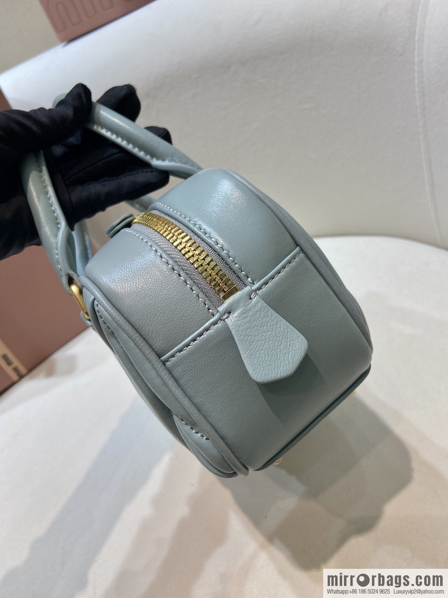 MIUMIU Sheepskin Textured Retro Rectangle Bag | Leather Bowling Bag 5BB142 Haze Blue