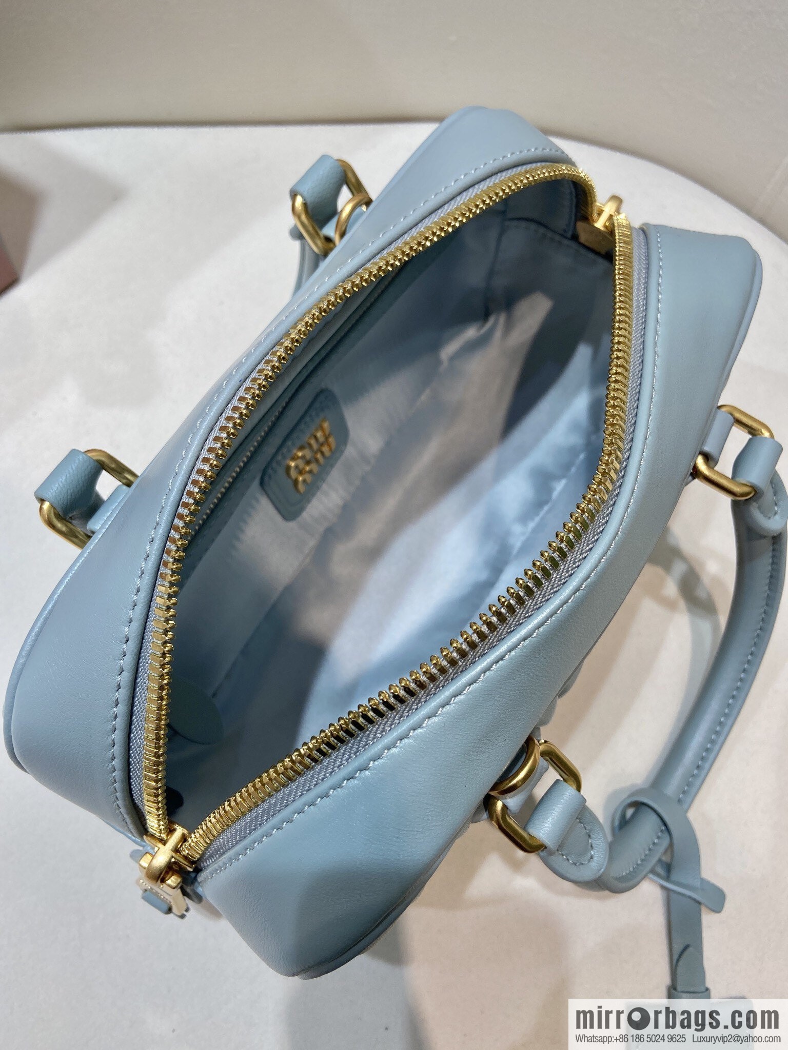MIUMIU Sheepskin Textured Retro Rectangle Bag | Leather Bowling Bag 5BB142 Haze Blue