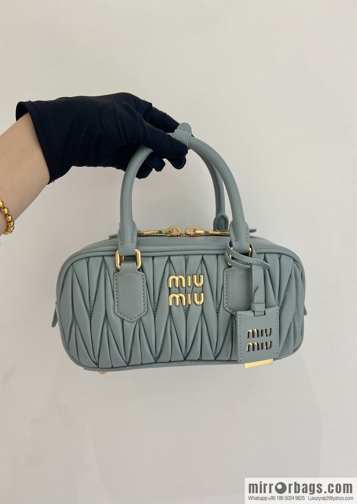 MIUMIU Sheepskin Textured Retro Rectangle Bag | Leather Bowling Bag 5BB142 Haze Blue