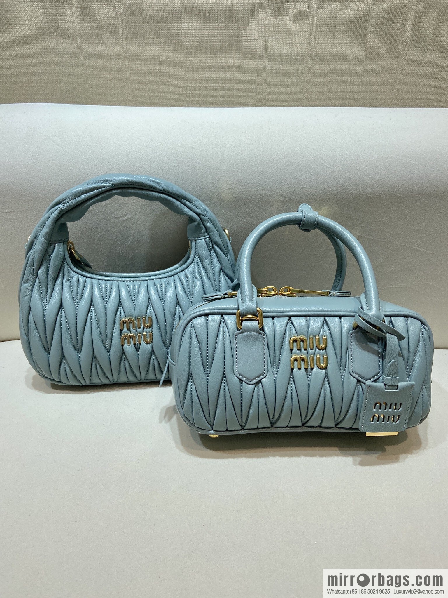 MIUMIU Sheepskin Textured Retro Rectangle Bag | Leather Bowling Bag 5BB142 Haze Blue