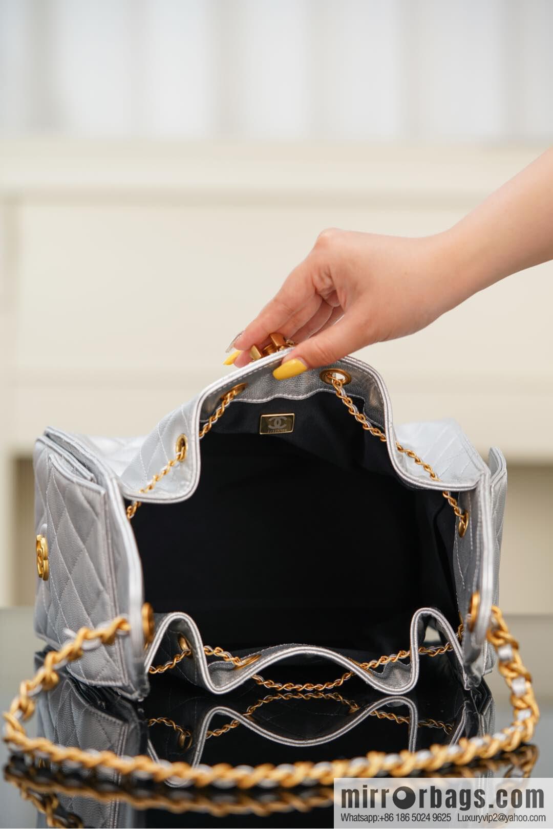 𝐂𝐡𝐚𝐧𝐞𝐥 𝟐𝟓𝐬 𝐬𝐦𝐚𝐥𝐥 𝐡𝐨𝐛𝐨 Drawstring Bucket Bag, Silver, Small ✔️ AS5293