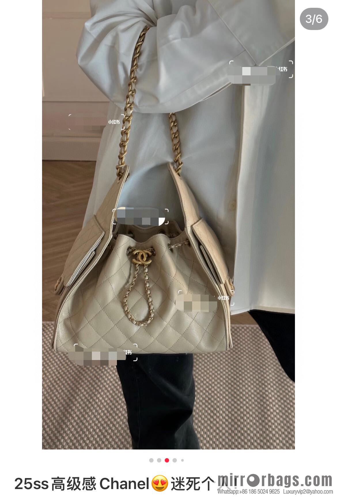 𝐂𝐡𝐚𝐧𝐞𝐥 𝟐𝟓𝐬 𝐬𝐦𝐚𝐥𝐥 𝐡𝐨𝐛𝐨 Drawstring Bucket Bag, Apricot Caviar, Small ✔️ AS5293