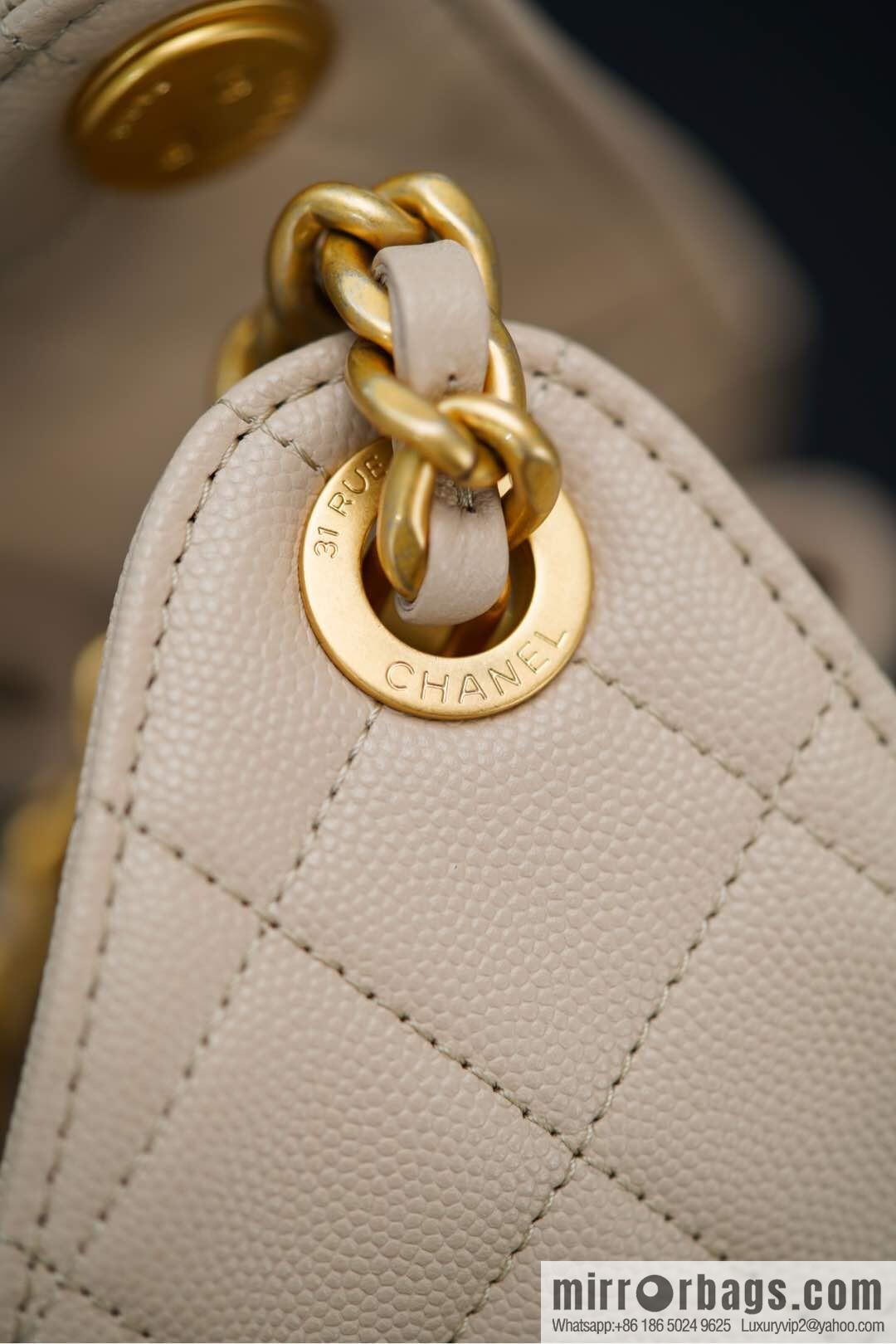 𝐂𝐡𝐚𝐧𝐞𝐥 𝟐𝟓𝐬 𝐬𝐦𝐚𝐥𝐥 𝐡𝐨𝐛𝐨 Drawstring Bucket Bag, Apricot Caviar, Small ✔️ AS5293