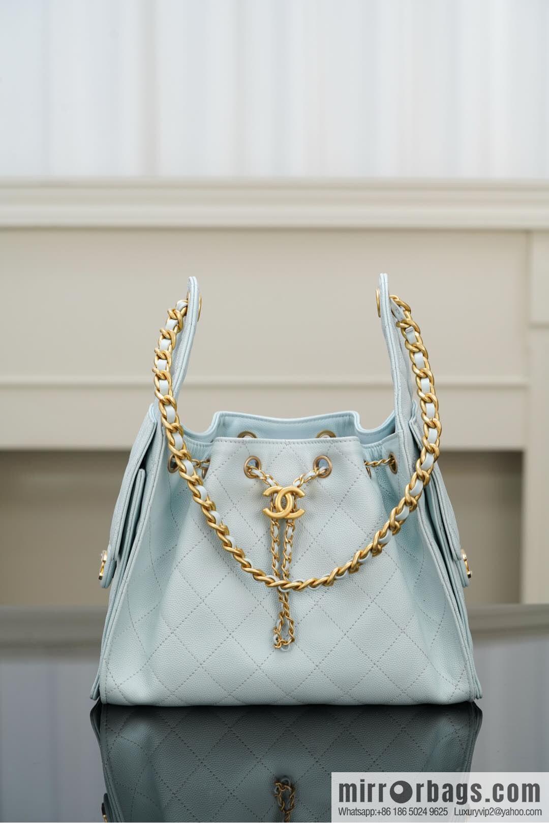 𝐂𝐡𝐚𝐧𝐞𝐥 𝟐𝟓𝐬 𝐬𝐦𝐚𝐥𝐥 𝐡𝐨𝐛𝐨 Drawstring Bucket Bag, Tiffany Blue 💙 S AS5293