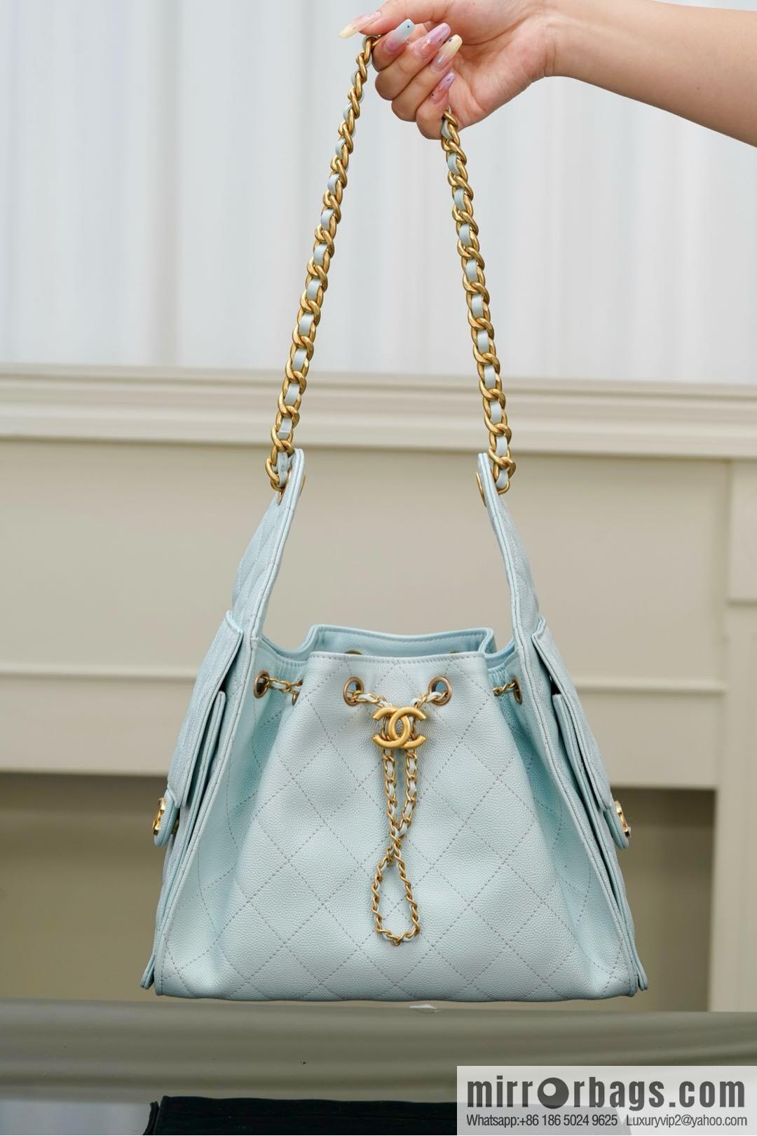 𝐂𝐡𝐚𝐧𝐞𝐥 𝟐𝟓𝐬 𝐬𝐦𝐚𝐥𝐥 𝐡𝐨𝐛𝐨 Drawstring Bucket Bag, Tiffany Blue 💙 S AS5293