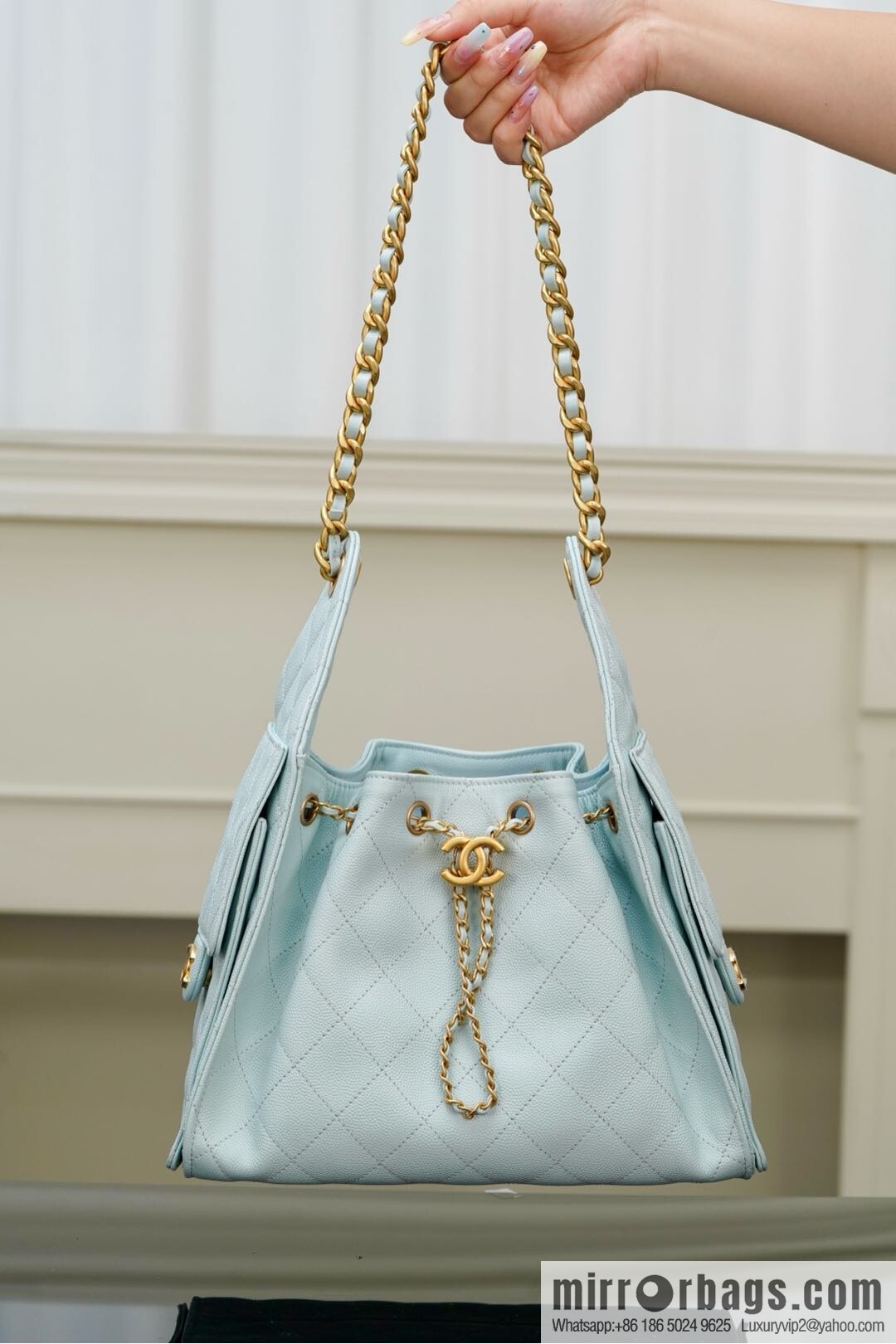 𝐂𝐡𝐚𝐧𝐞𝐥 𝟐𝟓𝐬 𝐬𝐦𝐚𝐥𝐥 𝐡𝐨𝐛𝐨 Drawstring Bucket Bag, Tiffany Blue 💙 S AS5293