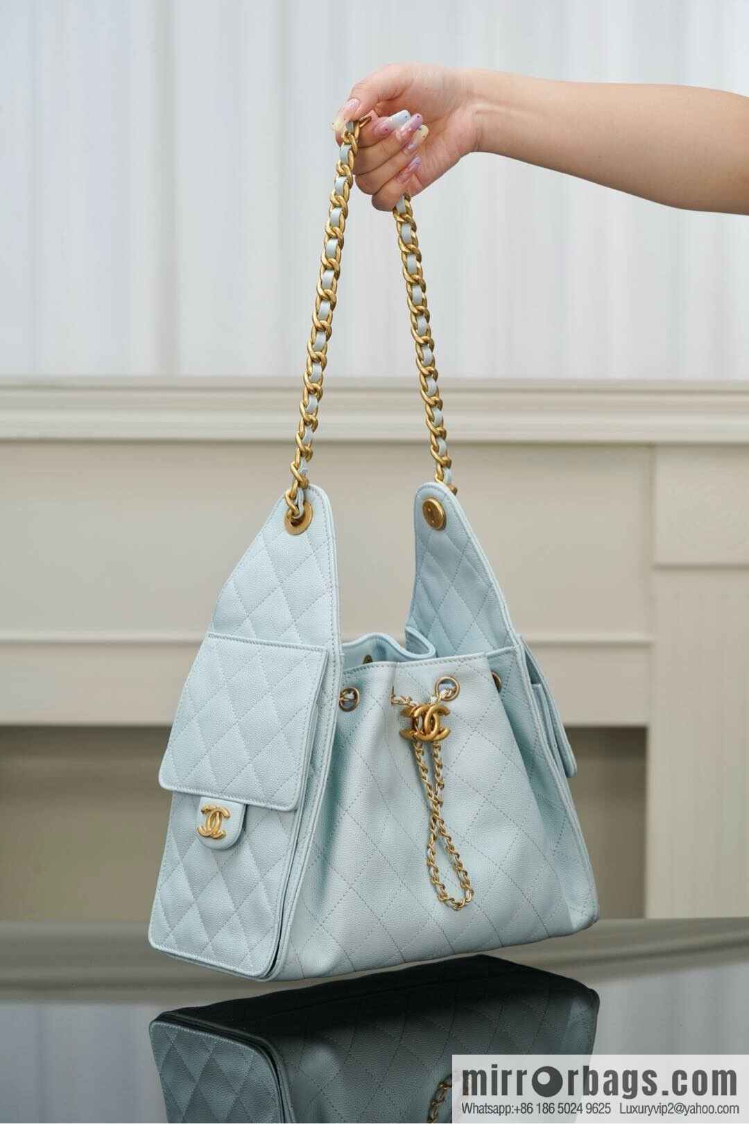 𝐂𝐡𝐚𝐧𝐞𝐥 𝟐𝟓𝐬 𝐬𝐦𝐚𝐥𝐥 𝐡𝐨𝐛𝐨 Drawstring Bucket Bag, Tiffany Blue 💙 S AS5293