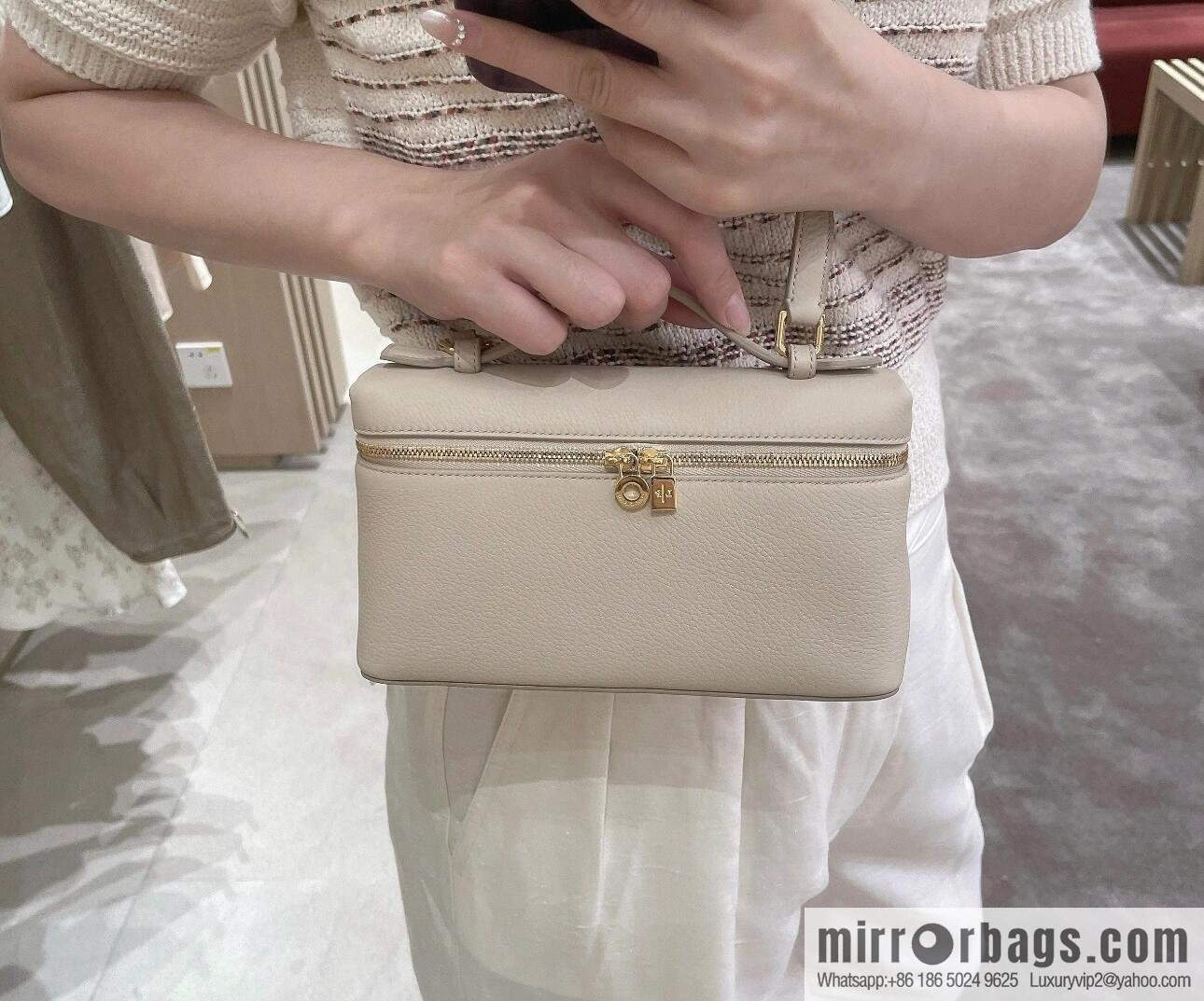 Loro Piana 2nd Generation Extra Pocket L19 Clutch Bag FAN4046 Milk Grey Gold Buckle