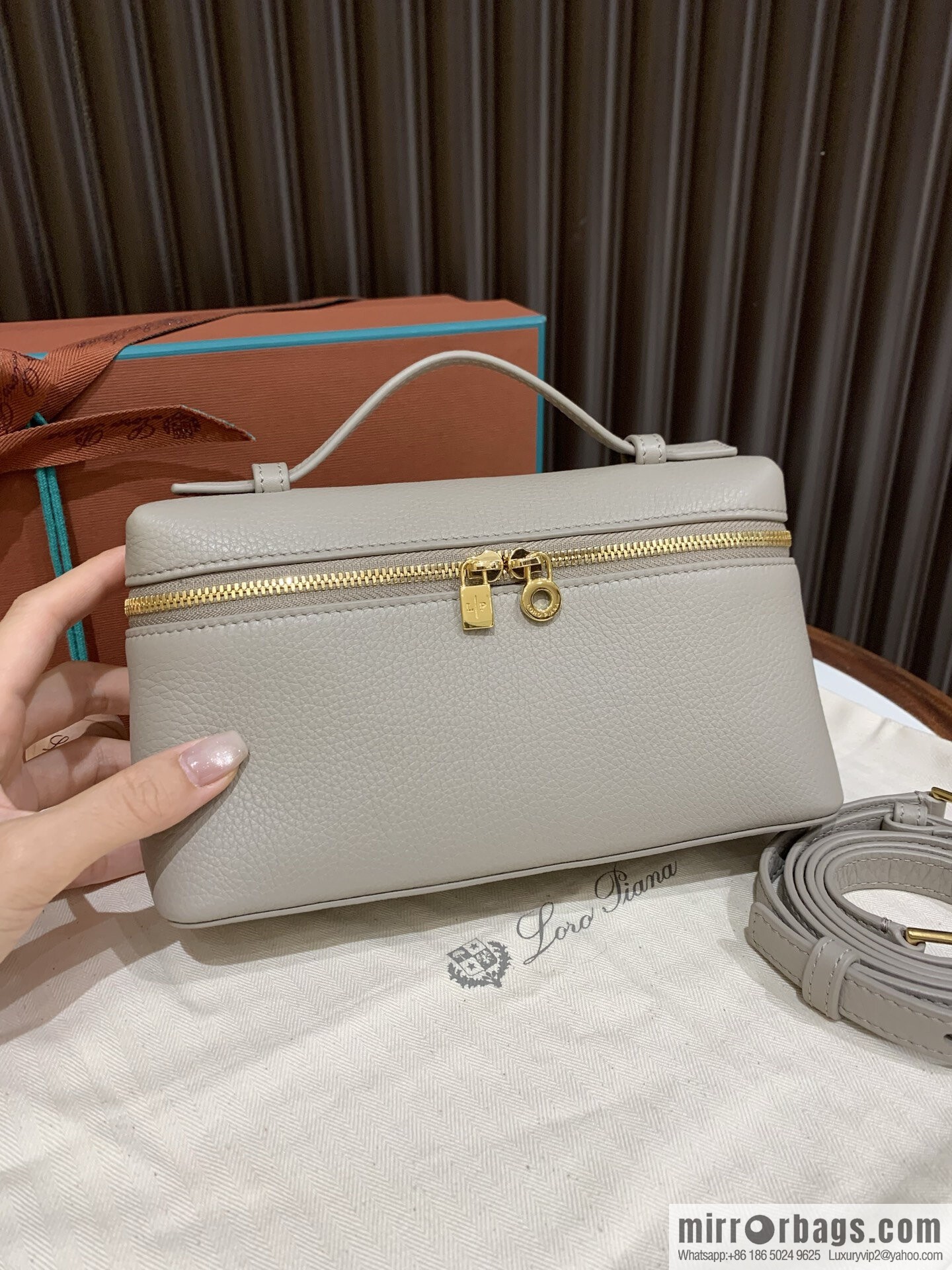 Loro Piana 2nd Generation Extra Pocket L19 Clutch Bag FAN4046 Milk Grey Gold Buckle