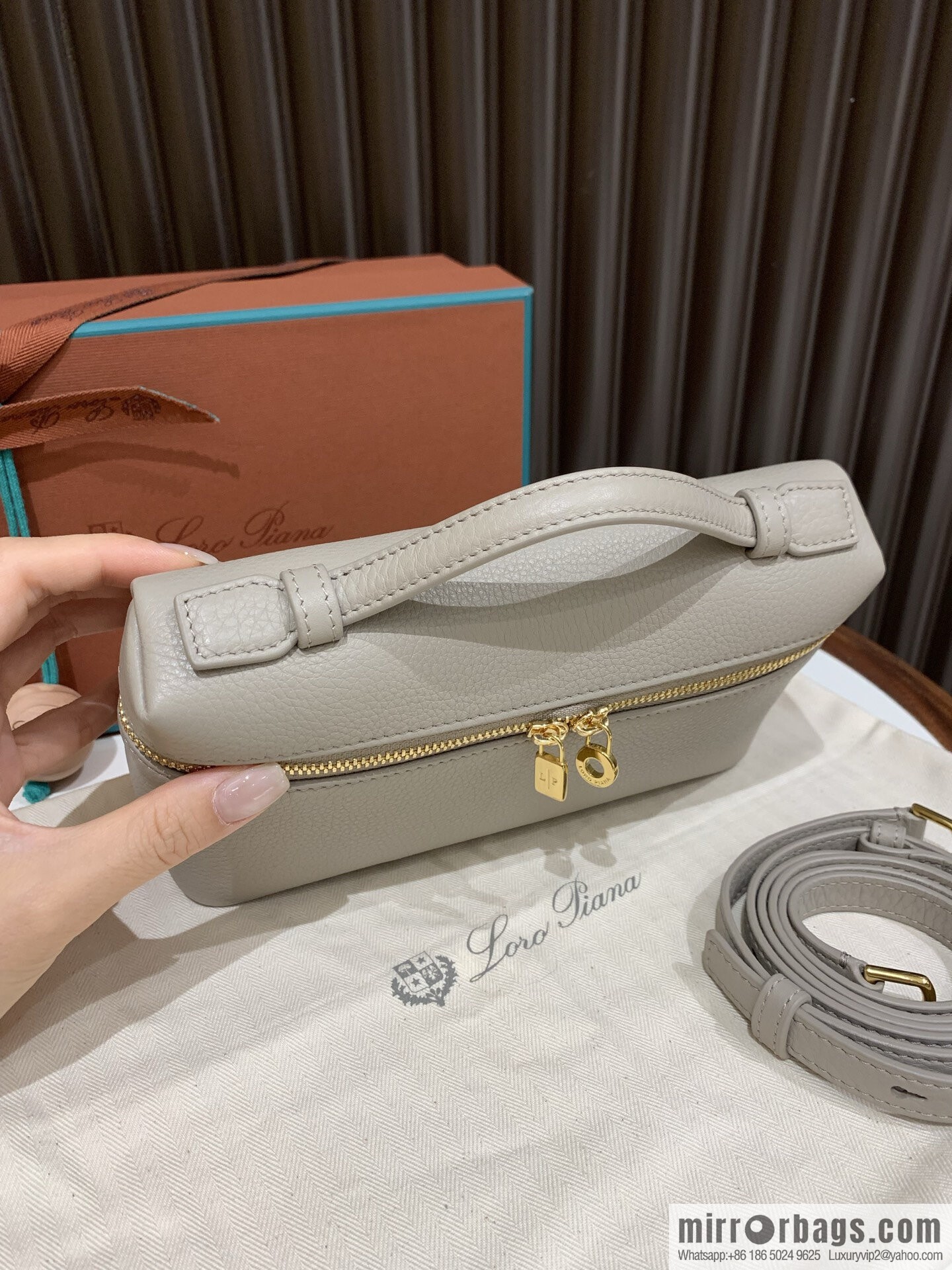 Loro Piana 2nd Generation Extra Pocket L19 Clutch Bag FAN4046 Milk Grey Gold Buckle