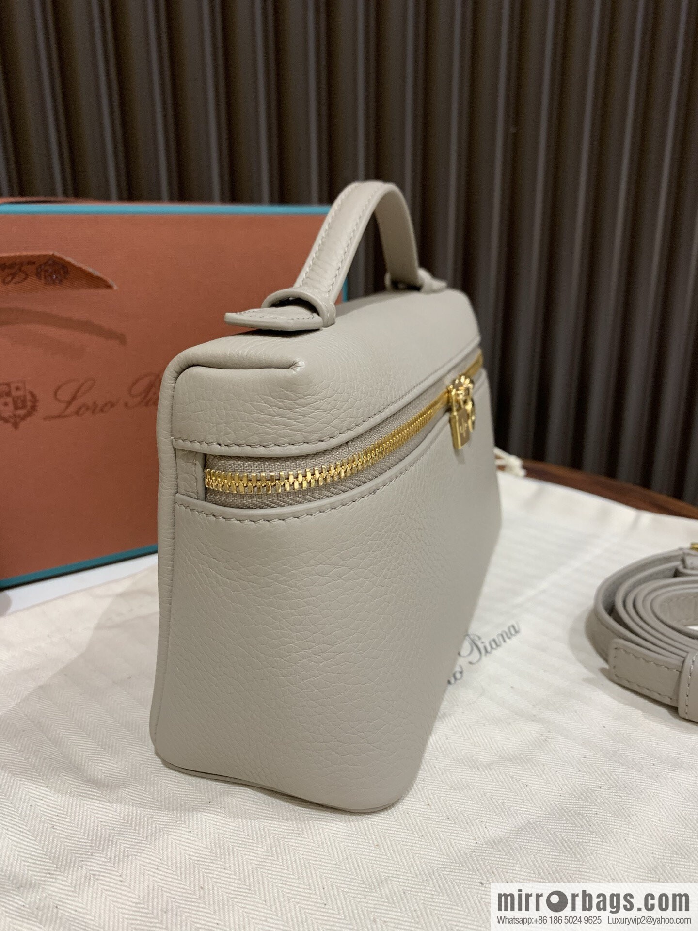 Loro Piana 2nd Generation Extra Pocket L19 Clutch Bag FAN4046 Milk Grey Gold Buckle