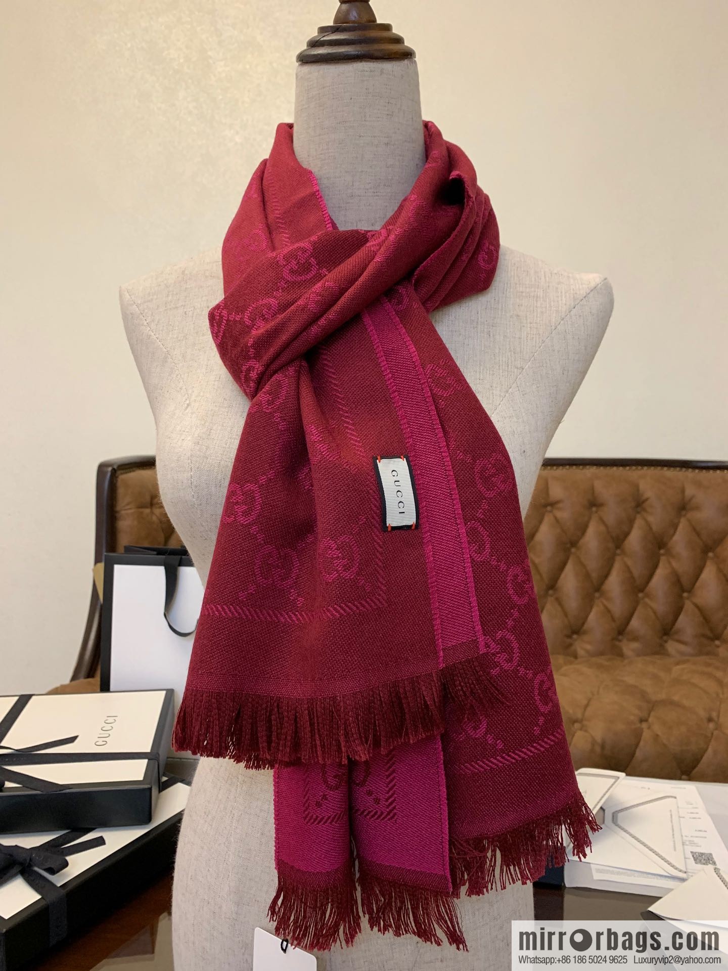 GUCCI Gucci GG jacquard fringed double-sided jacquard wool scarf