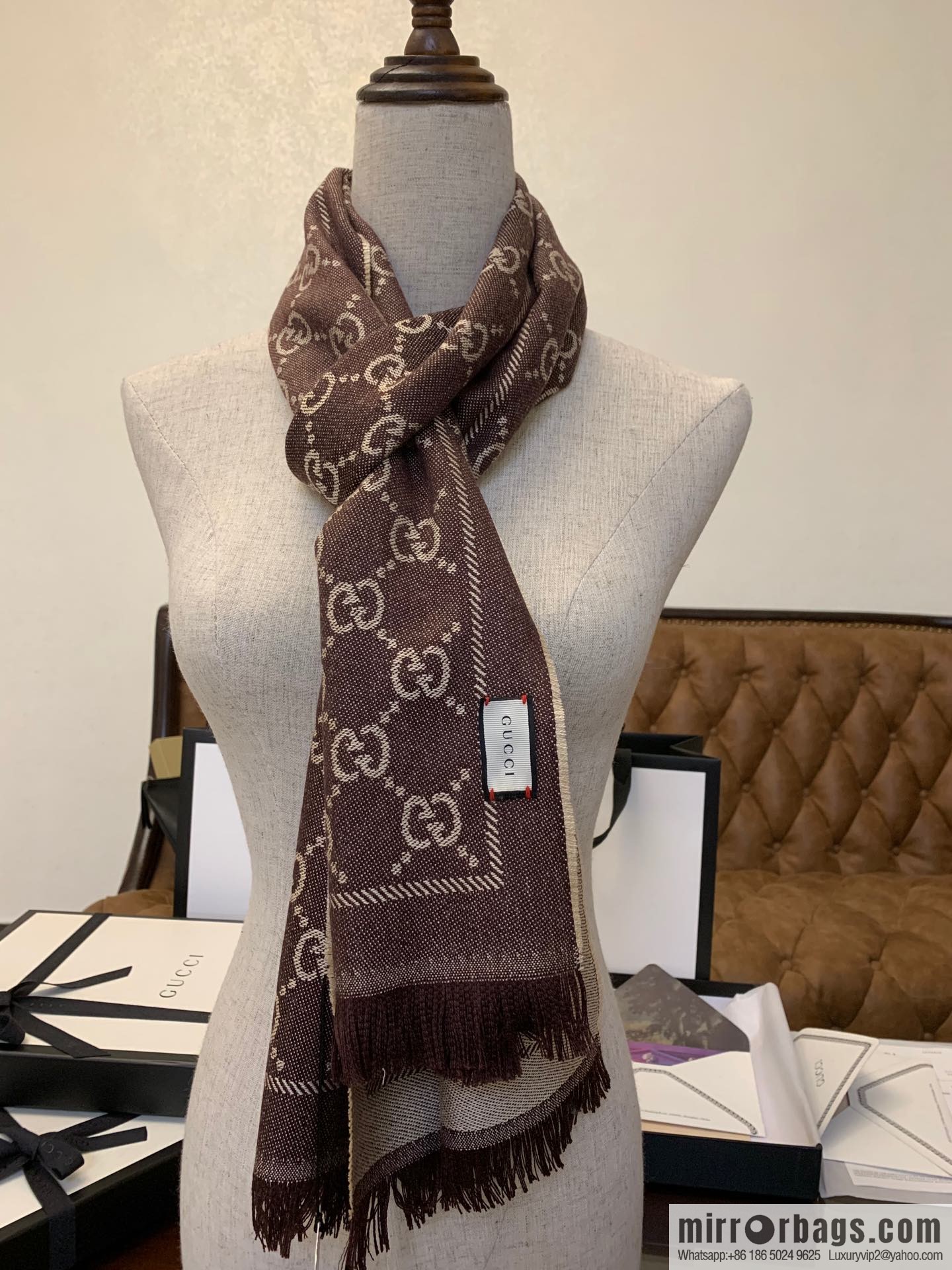 GUCCI Gucci GG jacquard fringed double-sided jacquard wool scarf