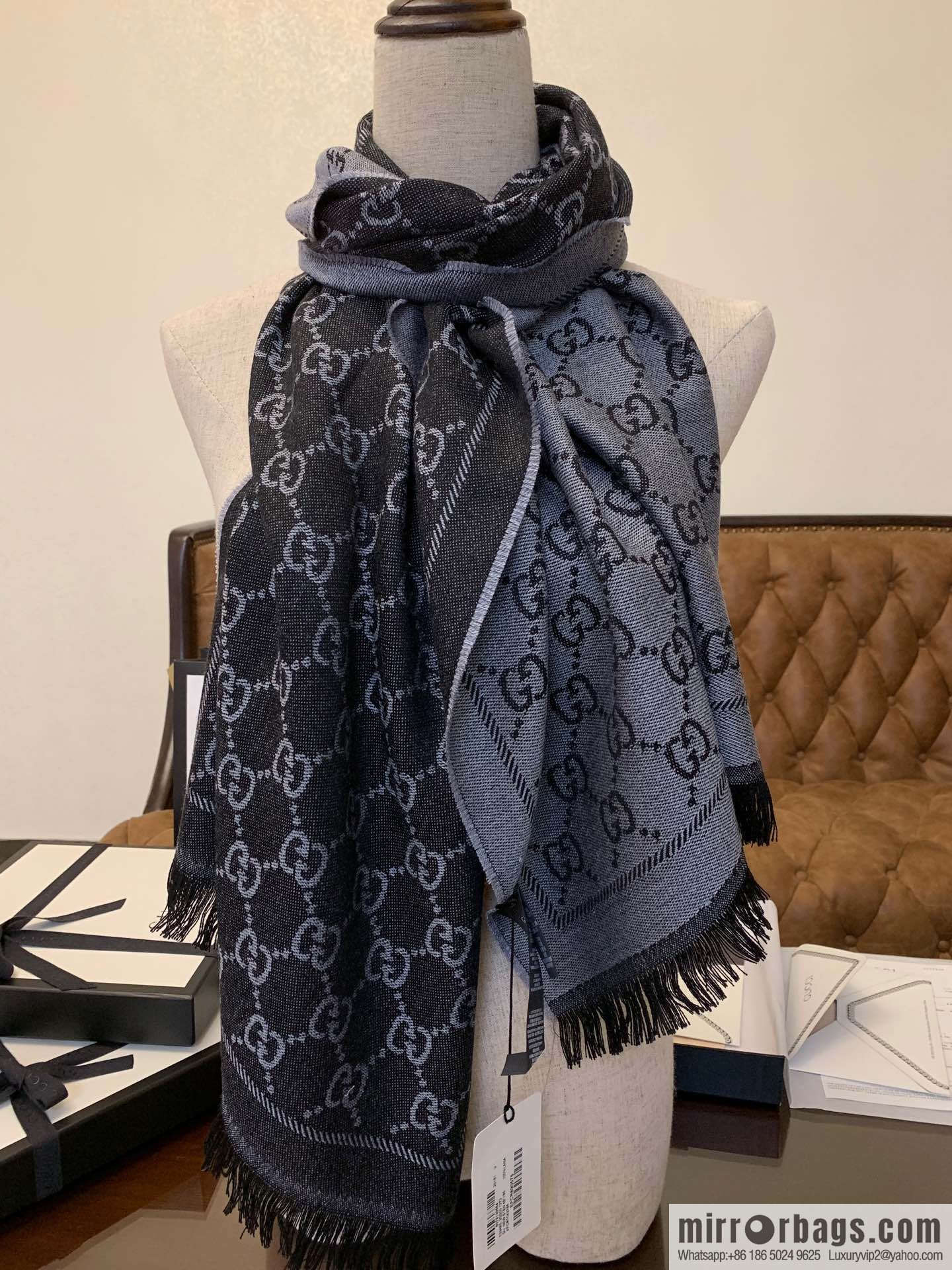 GUCCI Gucci GG jacquard fringed double-sided jacquard wool scarf