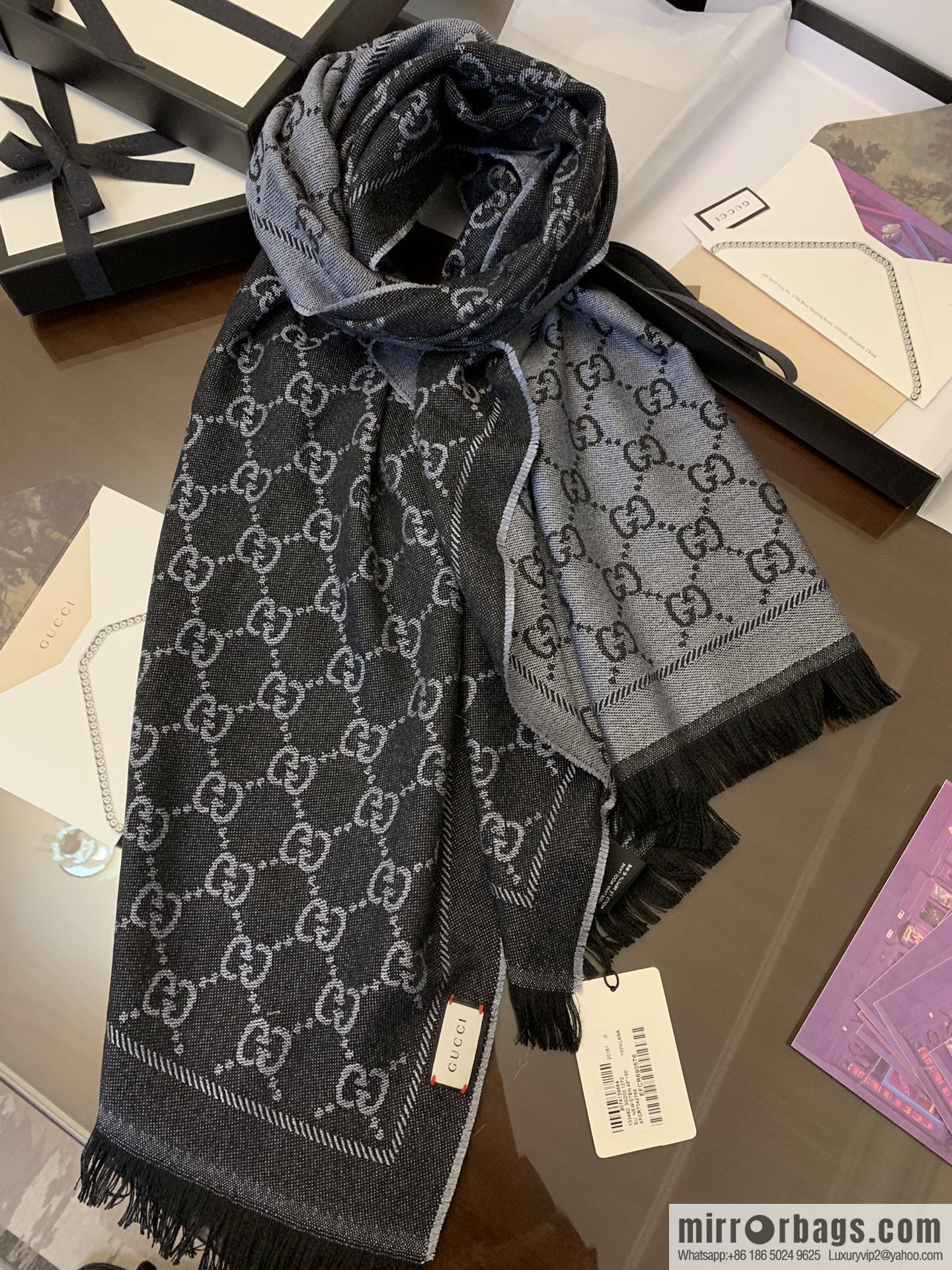 GUCCI Gucci GG jacquard fringed double-sided jacquard wool scarf