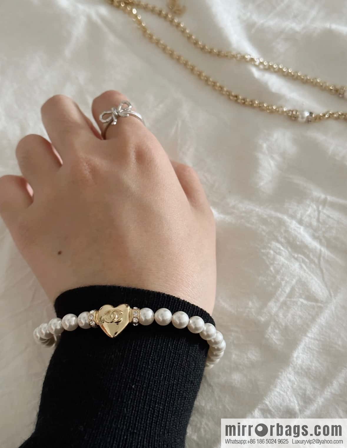 ❗️New ❗️☀️ New ☑️ Chanel Double C Peach Heart Love Pearl Bracelet Necklace ☀️