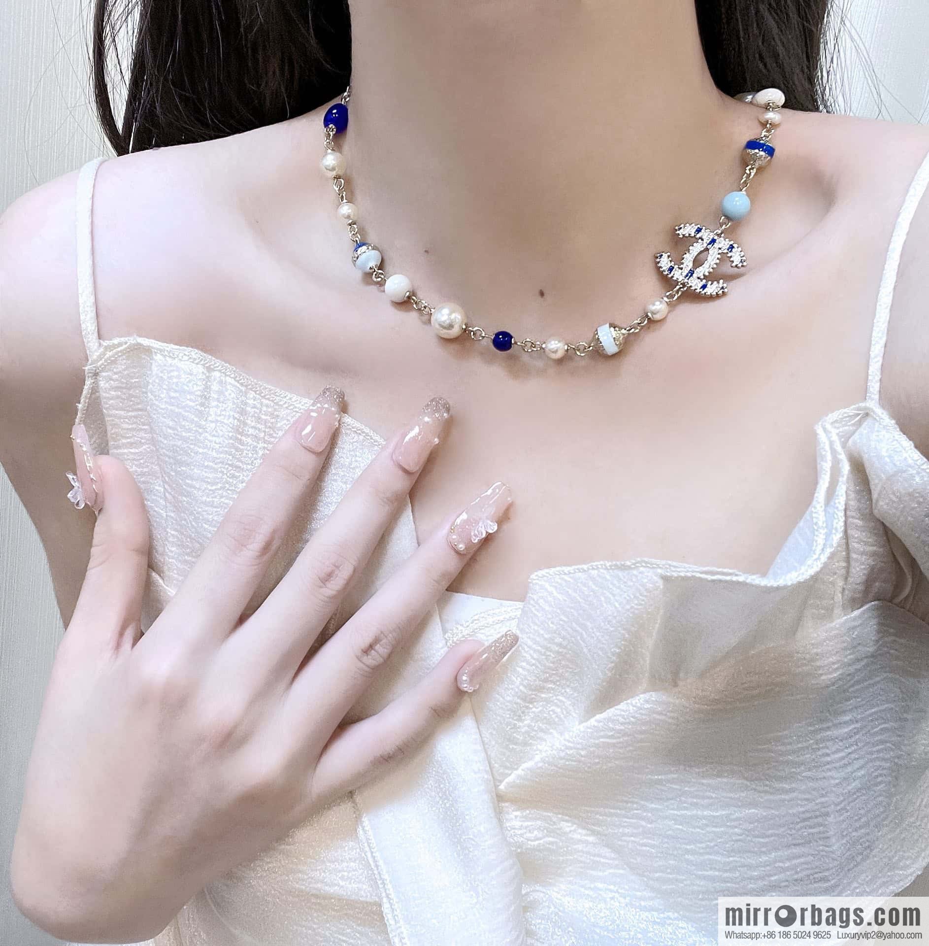 ❗️New ❗️☀️ New ☑️ Chanel Double C Vertical Bar Oil Drop Blue Pink Pearl Necklace ☀️