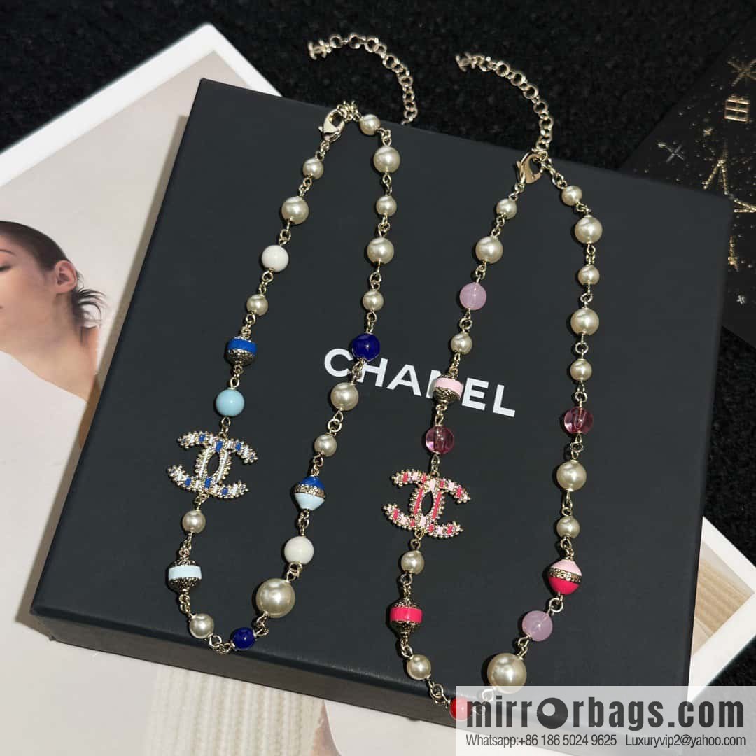 ❗️New ❗️☀️ New ☑️ Chanel Double C Vertical Bar Oil Drop Blue Pink Pearl Necklace ☀️