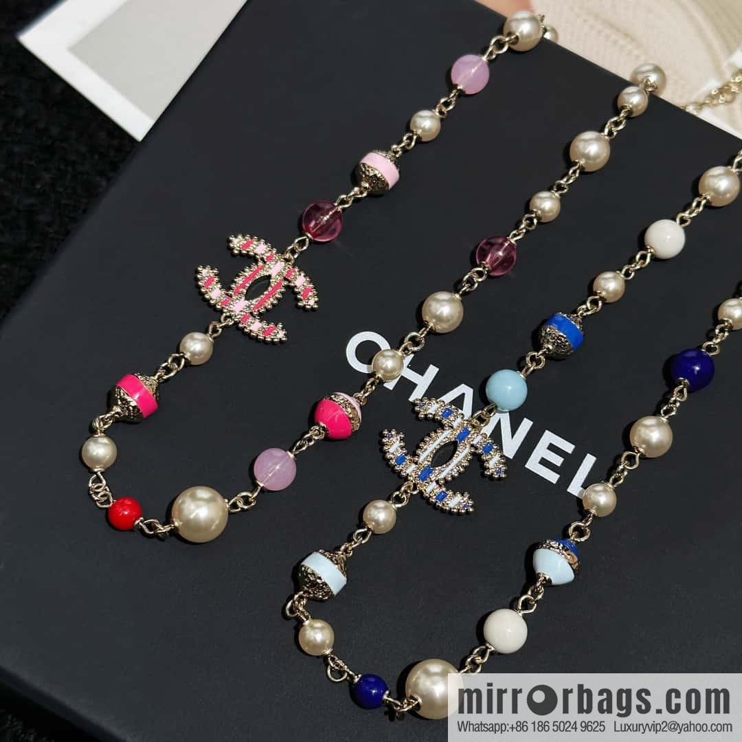 ❗️New ❗️☀️ New ☑️ Chanel Double C Vertical Bar Oil Drop Blue Pink Pearl Necklace ☀️