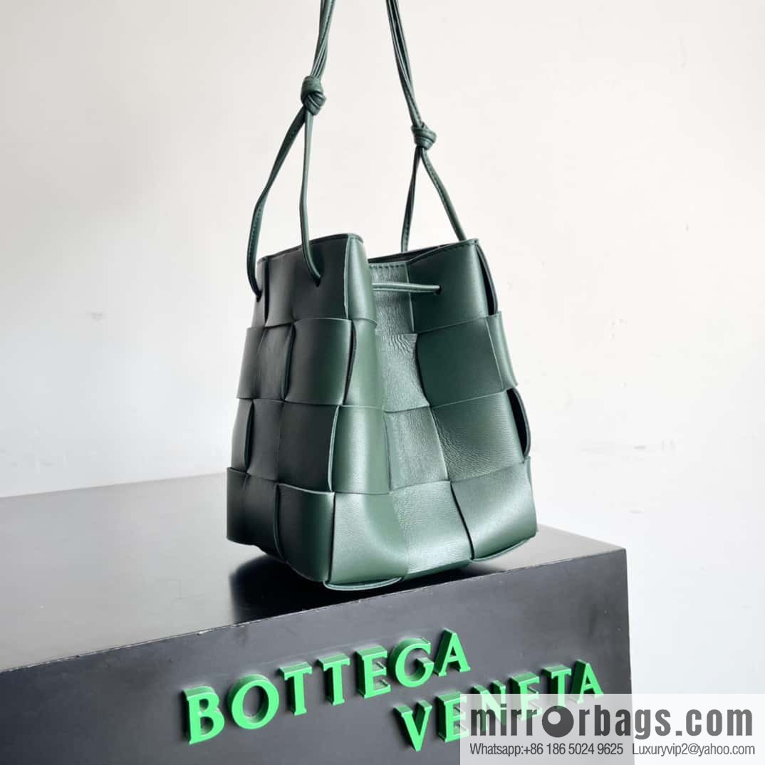 BottegaVeneta Bv small bucket bag pleated leather woven bucket bag model number: 680218 rain tree green